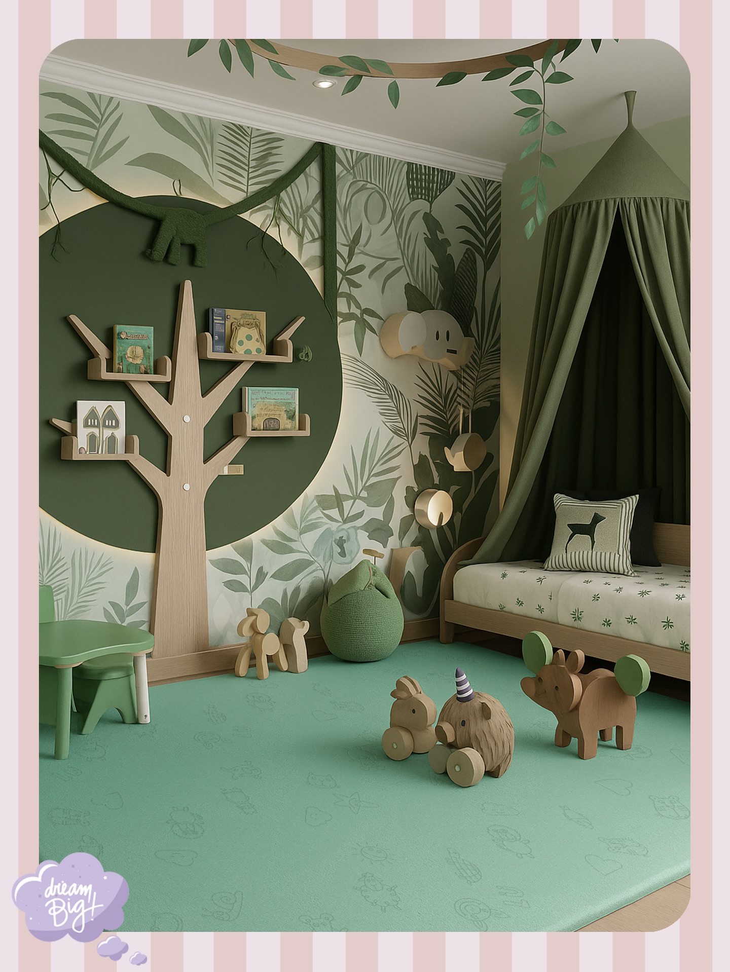 A magical forest of play and imagination 🍃
This mint-toned playroom blends nature and creativity in perfect harmony. The soft play mat provides a cozy base for wooden toys and endless adventures, while leafy wall designs and a tree-shaped bookshelf spark curiosity and wonder.
A serene green canopy invites little explorers to dream big in their own enchanted jungle 💭
#MintPlayroom
#KidsRoomInspo
#PlayroomGoals
#MontessoriStyle
#SoftPlayMat
#NeutralKidsRoom
#NatureInspiredDecor
#WoodenToys
#PlayroomDesign
#DreamBigLittleOne
#ScandiKids
#MinimalKidsRoom
#KidsInterior
#CalmPlayroom
#KidsRoomDecor
