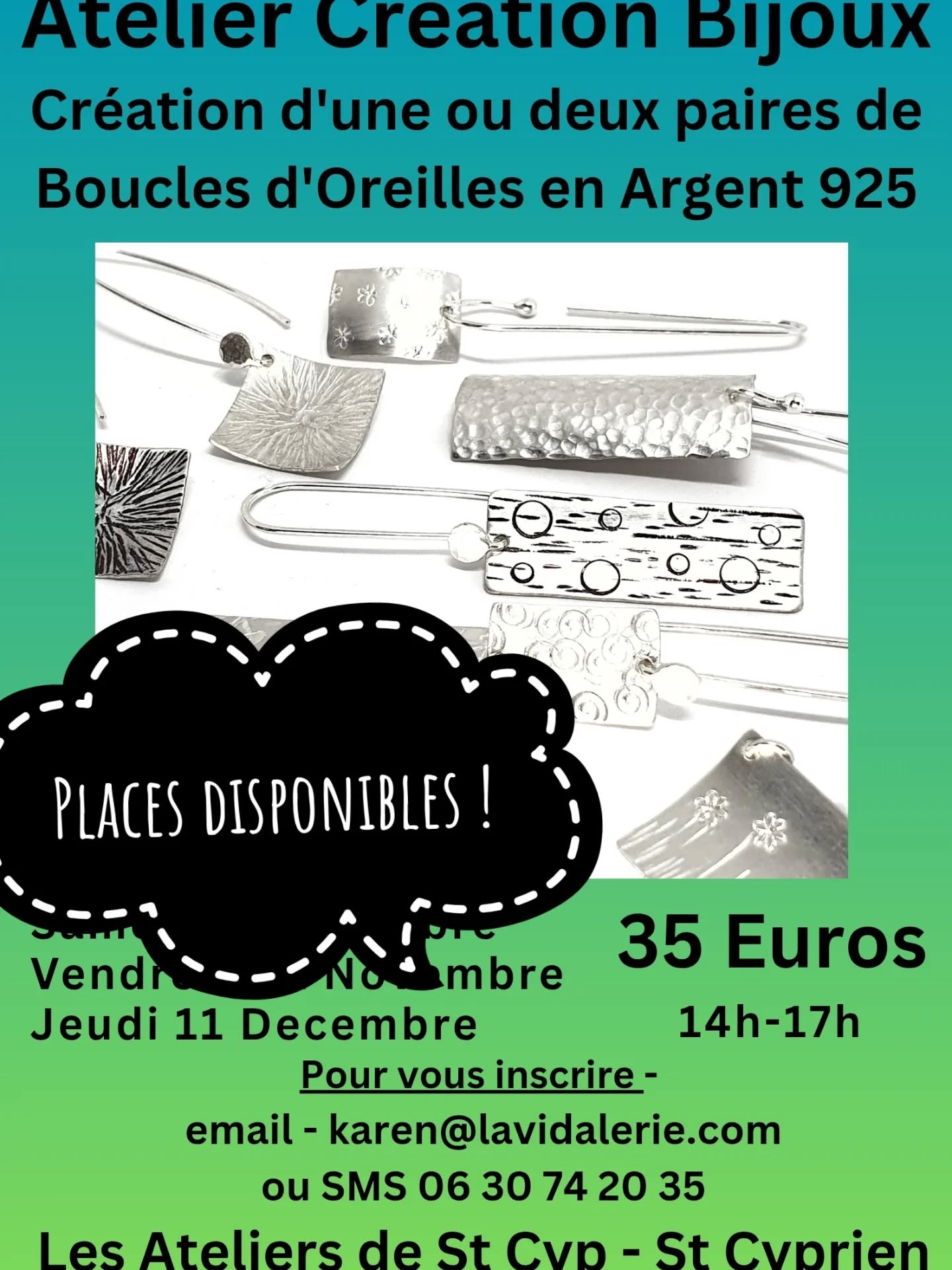 Atelier Création Bijoux : venez créer une ou deux paires de boucles d’oreilles en argent massif, le cadeau de Noël idéal avant l’heure, ou offrez-en une à une amie 😀
Contactez-moi pour réserver votre place.
#ateliercréationbijoux #boucledoreille #eventaveyron