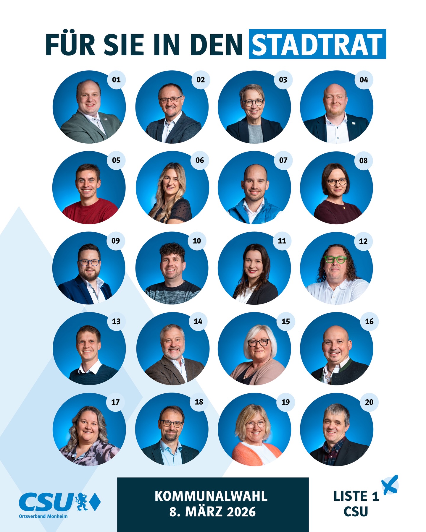 Die CSU Monheim hat ihre Stadtratsliste für die Kommunalwahl 2026 erfolgreich nominiert.
Wir freuen uns sehr, Ihnen dieses engagierte und breit aufgestellte Team präsentieren zu dürfen. Gemeinsam wollen wir Verantwortung übernehmen und Monheim sowie die Ortsteile weiter stärken.
Vielen Dank an alle Unterstützerinnen und Unterstützer!
Frischer Wind. Feste Wurzeln.
#csu #monheim #bayern