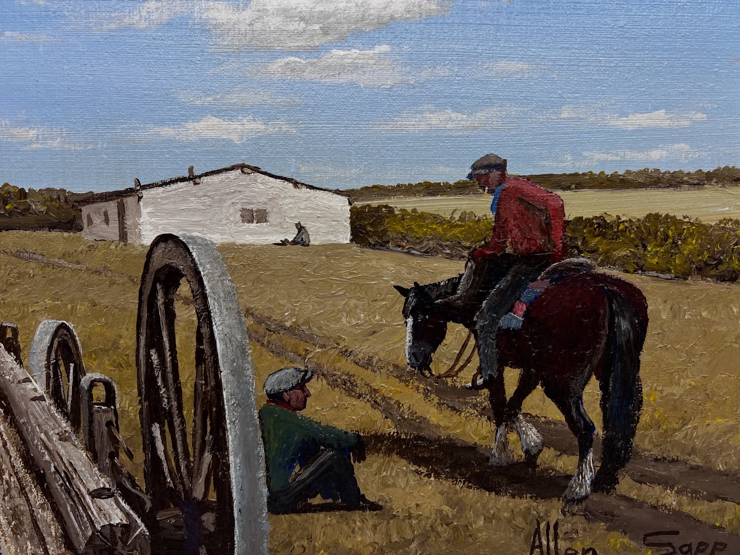 New Arrival — Allen Sapp (1928–2015) ✨
❌sold❌
Acrylic on canvas, 12 x 16 inches (image size)
Framed and ready to hang.
A wonderfully intimate scene by renowned Cree artist Allen Sapp, capturing everyday life on the Prairies with his signature warmth and honesty. A rider pauses along a farm trail, sharing a quiet moment with a seated figure while the vast Saskatchewan landscape opens under a bright, peaceful sky.
Sapp’s work is prized for its storytelling — gentle, real, and filled with lived memory. This piece has beautiful texture, strong colour, and that unmistakable sense of calm that collectors love.
A lovely example for any Canadian art collection.
⸻
Hashtags
#AllenSapp #CreeArtist #IndigenousArt #CanadianArt #PrairieArt ArtCollector WesternCanadianArt FirstNationsArtist AcrylicPainting GalleryFinds