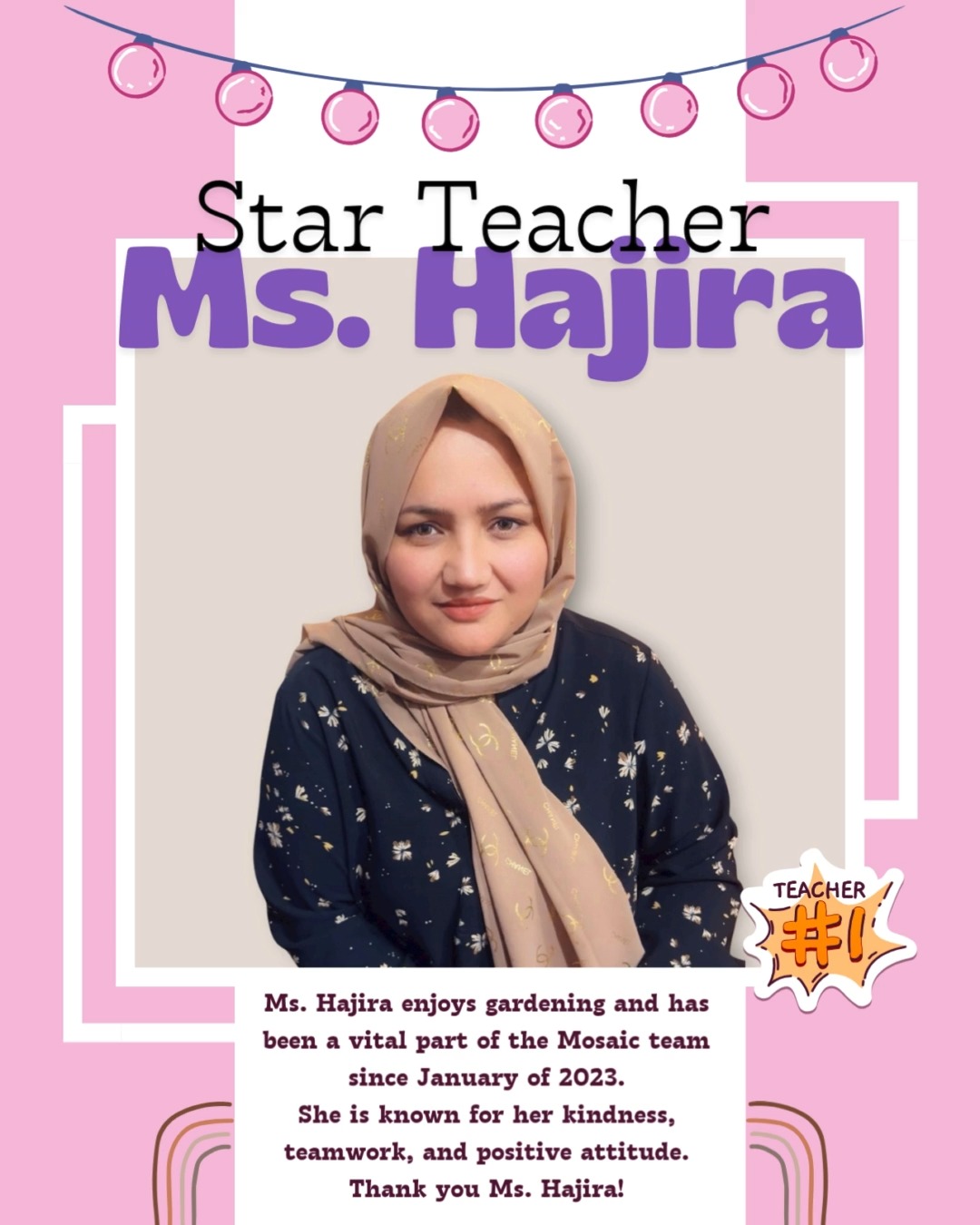 🌟 Star Teacher Highlight: Ms. Hajira 🌟
We are happy to celebrate our Star Teacher, Ms. Hajira!
She is truly gifted in the kitchen and prepares delicious meals that all the children love. Her cooking always brings joy and comfort to our school.
Along with her talent in cooking, Ms. Hajira enjoys trying new recipes and exploring new ideas in the kitchen. She also has a wonderful skill in gardening, caring for plants with patience and love.
Not only that, she is always ready to help around the classrooms and supports other staff members whenever needed. Her kindness, teamwork, and positive attitude make our school environment warm and welcoming.
Thank you, Ms. Hajira, for your dedication, hard work, and the love you put into everything you do! 💛🌿🍲
.
.
.
.
.
#StarTeacher #mosaicearlychildhood #thankful