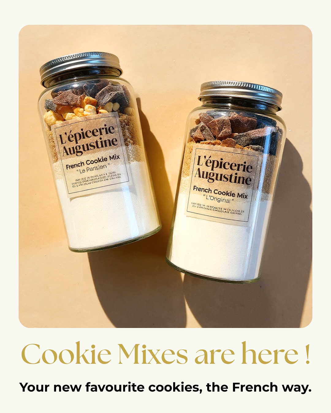 Oh là là… it’s finally happening and I’m so excited ! 🥹
After months of testing, tweaking, baking… and let’s be honest: eating way too many cookies (all in the name of research, of course 🤫) ! My Maison Augustine Cookie Mixes are officially LIVE! 🥳
Did you know this project actually started before Maison Augustine even existed?
When Fabien and I were renovating our house, I was impatiently waiting for my new kitchen so I could finally bake again. So I started working on cookies, the one treat that I could eat everyday, it feels simple, comforting, and irresistibly indulgent.
Cookies may not be traditionally French, but this style?
This one tastes like home.
It’s the cookie you grab at the boulangerie:
✨ Flatter than the American ones
✨ More buttery
✨ Crispy caramelised edges
✨ Soft, chewy, gooey centre
✨ Less sweet
✨ And of course… a touch of fleur de sel because it elevates everything.
I built this recipe from scratch, aiming for that perfect balance and my French friends who tasted it agree: this is the cookie we grew up buying.
To melt your heart even more:
Each jar is a beautiful reusable glass jar (eco-friendly AND so pretty 🫶), filled with 590g of gourmet mix and very generous amounts of chocolate chunks (French dark chocolate & Australian milk chocolate).
You’ll bake 12 large French bakery-style cookies, the kind you want to hide from your family. Or not. (But no judgment if you do 🙈)
I’m launching with two flavours:
🍪 L’Original – The classic French cookie
🍪 Le Parisien – With roasted caramelised hazelnuts
This is also the very first chapter of L’Épicerie Augustine, my dream of creating a whole collection of French pantry mixes so you can bring a little bit of French pâtisserie into your home.
I hope you’ll love baking (and eating!) these cookies as much as I loved creating them for you. 💛
Stock is very limited for Christmas, so be quick!
✨ Available now — link in bio! ✨