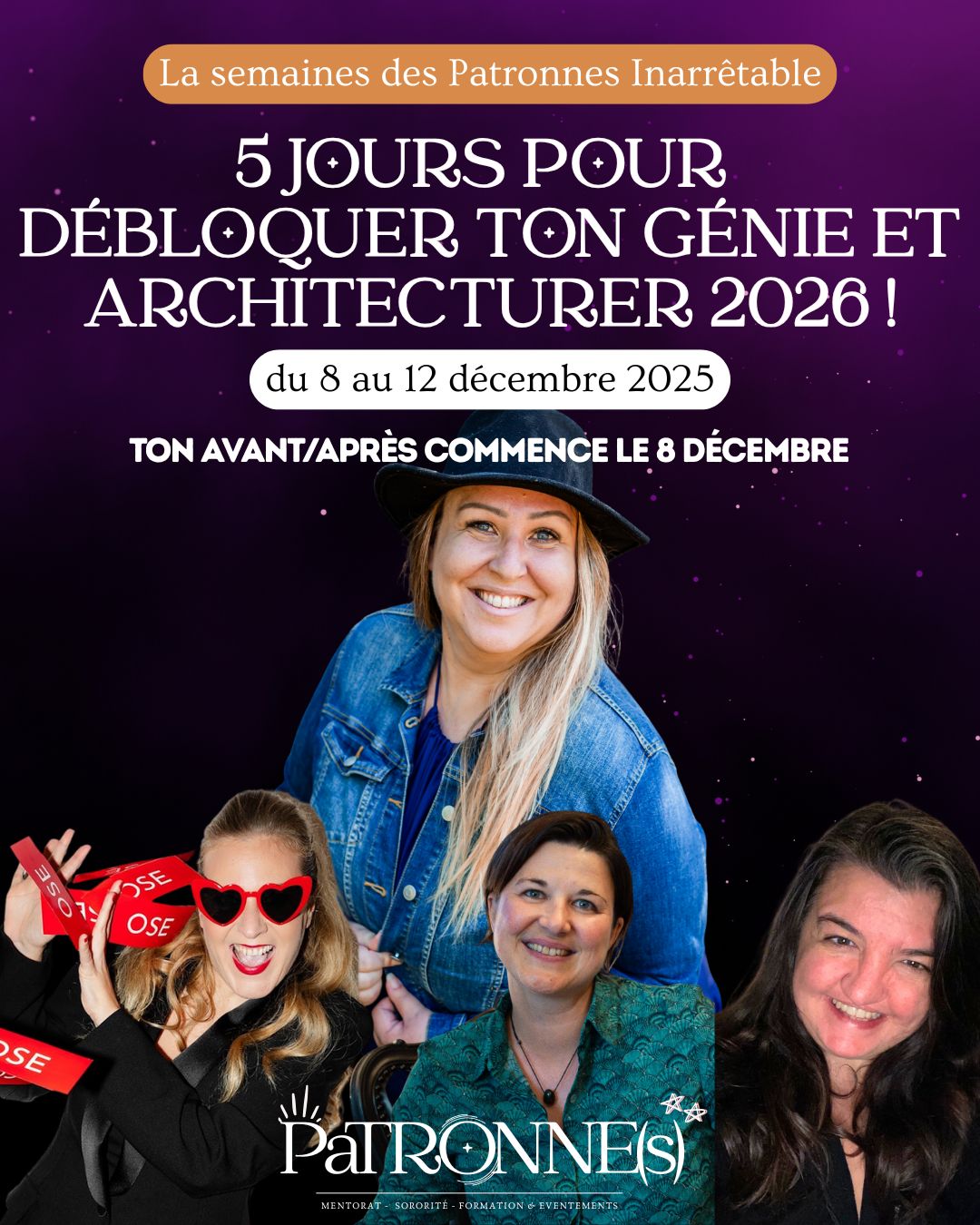 Seules les Patronnes InarrêtableS liront ça....
Si tu as cette sensation que ton génie est bloqué, que tu passes tes journées à courir sans voir de vrais résultats (surtout financiers), et que 2025 s'annonce déjà comme une année de plus sans l'expansion que tu mérites...
STOP.
J'ai une annonce qui va te secouer :
J'OUVRE LES PORTES DE LA SEMAINE DES PATRONNES INARRÊTABLES !
Un challenge GRATUIT, 100% LIVE et INTENSIF de 5 jours où l'on va débloquer ensemble ce qui te freine depuis trop longtemps.
Du Lundi 8 au Vendredi 12 Décembre 2025, chaque midi (12h30-13h45), nous allons traverser 5 étapes CRUCIALES pour :
- Démasquer la Patronne souveraine que tu es (ton identité, tes forces, tes ombres).
- Pulvériser tes blocages financiers et tes peurs (avec l'experte @veroniquevitruveconcept
- Cibler et magnétiser tes clients idéaux avec un message impactant (avec l'experte @leweddinggang
- Architecturer une Offre Signature qui justifie tes prix et un positionnement unique.
- Activer un mindset inarrêtable et ta résilience de CEO pour 2026 (avec la Prestige Mentore Business @madameresilience
ATTENTION : Ce n'est pas un challenge "feel good". C'est un engagement stratégique et identitaire pour les femmes prêtes à transformer 2025 en un tremplin vers une souveraineté totale en 2026.
Prête à transformer ton "avant" en "après" ? Ton avant/après commence le 8 Décembre.
➡️ Commente INARRÊTABLE et je t'envoie le lien
À très vite en Live,
Caro