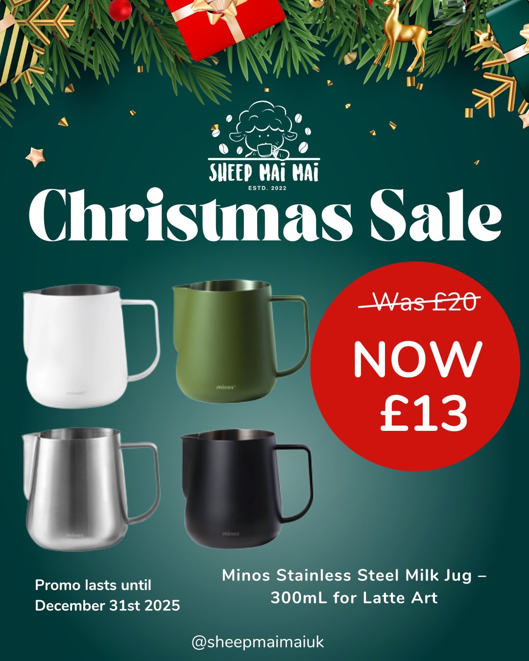 🎄 CHRISTMAS LIFESTYLE EDIT ✨
The festive season is here, and this edit is dedicated to the coffee lovers who deserve the perfect pour this Christmas ☕🎁
Two barista-favorite milk jugs, handpicked to make every morning feel like a cozy holiday ritual:
✨ Minos Stainless Steel Milk Jug – precision, control, and flawless latte art
✨ WPM Milk Jug – sleek design, perfect balance, timeless performance
Elevate your home café or gift the joy of beautiful microfoam and rosettas on Christmas morning. Because slow-living starts with the perfect cup 🐑💚
More festive surprises coming soon… 👀
🌍 Worldwide shipping available
📍 In-store at 111 Water Lane, Leeds
🛒 Shop now: www.sheepmaimai.co.uk
#Sheepmaimai #ChristmasLifestyle #CoffeeLovers #MinosMilkJug #WPMMilkJug #LatteArt #HomeBarista #FestiveSeason #CozyLiving #GiftIdeas #ShopSmallUK #WorldwideShipping