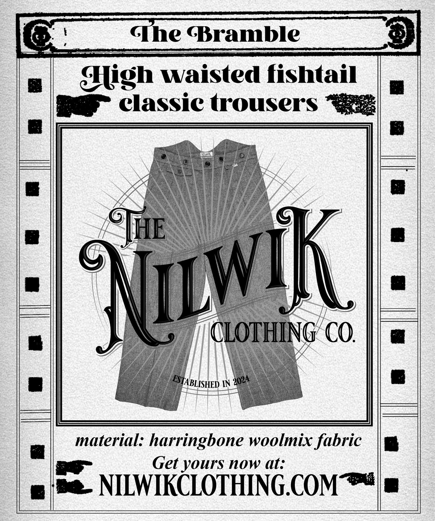 New in the collection: The Bramble Trousers
Crafted from a rich brown and beige herringbone wool blend, The Bramble trousers are high-waisted with a distinctive fishtail waistband and buttons for suspenders. Expertly double-pleated, the wide legs create a structured, confident silhouette. A classic flap pocket, originally intended for a pocket watch, adds heritage charm and vintage authenticity. Rugged yet refined, these trousers are ideal for the modern gentleman who appreciates timeless tailoring and subtle character in every detail.
Pairing Note: The Bramble trousers are complemented beautifully by the Thistle waistcoat. Both pieces are made from the same premium herringbone wool blend and can be worn together as a matched ensemble for heritage-inspired elegance, or styled separately for versatile classic looks.
#heritage #harringbone #fishtailtrousers #highwaist #ruggedstyle #1920style #workingclass #vintagestyle #mensclothıng #nilwikclothing