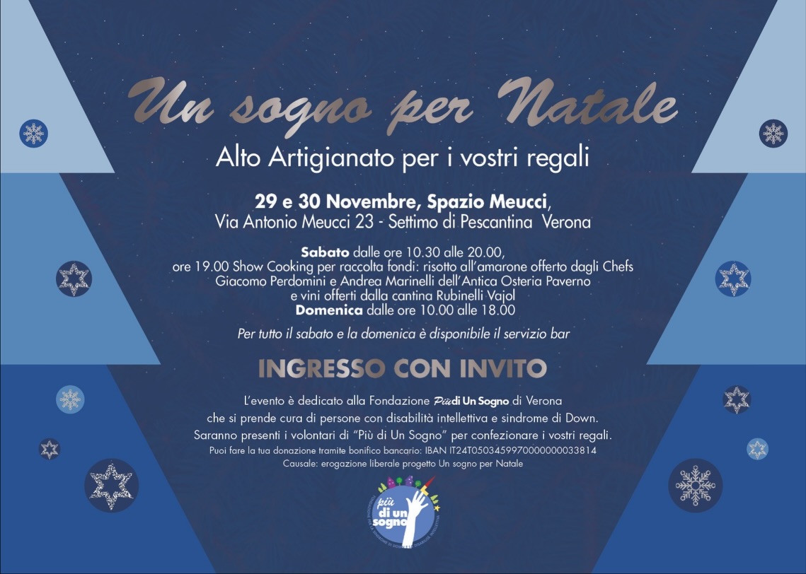 Sono lieta di invitarvi con i miei Maxifoulard AI2025/26, frutto di creatività e ricerca fotografica
alla nuova edizione di
UN SOGNO PER NATALE
Alto artigianato per i vostri regali
📍29 e 30 Novembre
Spazio Meucci - Via Antonio Meucci 23
Settimo di Pescantina - VERONA
@spaziomeucci
⏰Sabato dalle 10.30 alle 20.00 - Show Cooking per raccolta fondi
Domenica dalle 10.00 alle 18.00
Per tutto il sabato e la domenica è disponibile il servizio bar
L’evento è dedicato alla
Fondazione PIU’ DI UN SOGNO di Verona
@piu_di_un_sogno
INGRESSO CON INVITO
.
.
.
#madeincomo #madeinitaly #maxifoulard #scarf #accessories