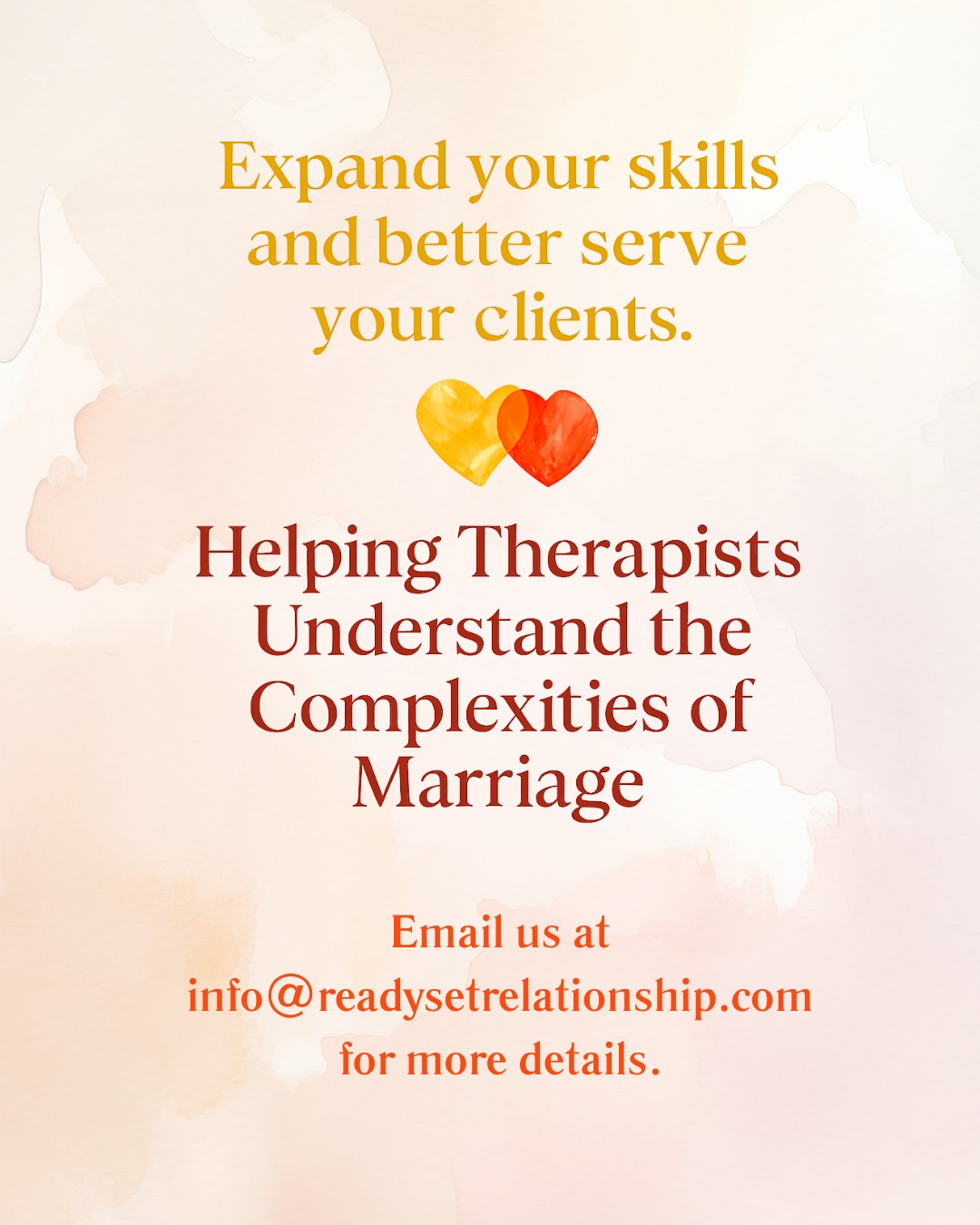 Therapists: grow your toolbox. 🧰
Our next workshop helps you understand the evolving complexities of marriage, enabling you to guide couples through challenges with clarity and compassion.
Invest in your professional development—and in stronger, healthier relationships for your clients.
📧 info@readysetrelationship.com
#TherapistGrowth #MarriageTherapy #ProfessionalDevelopment #ReadySetRelationship #TherapistCommunity