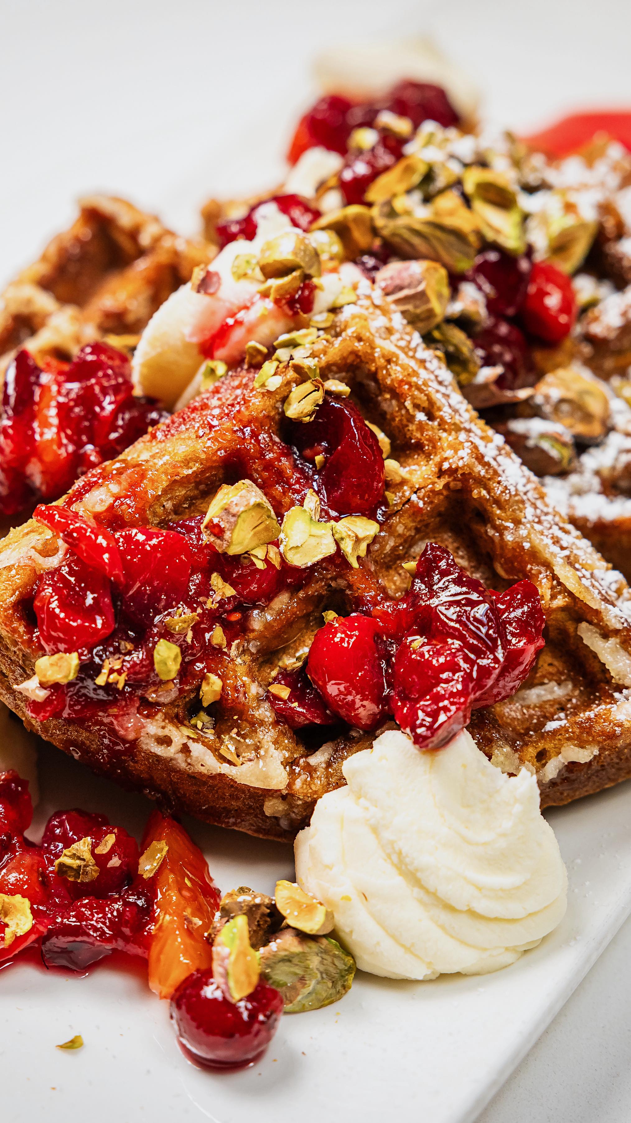 treat yourself this holiday season 🎄✨enjoy our gingerbread waffle with cranberry orange com....