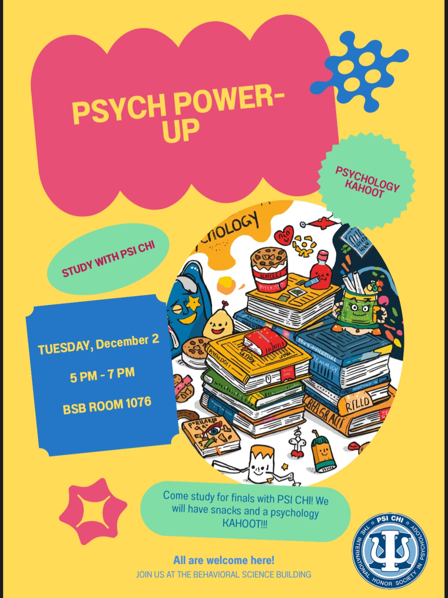 Join us for a study session before finals!!!!
Snacks and drinks will be provided
Tuesday December 2nd 5-7pm
Location- BSB Room 1076
#psichi #psychology #kahoot #psichiuic #uicpsychology