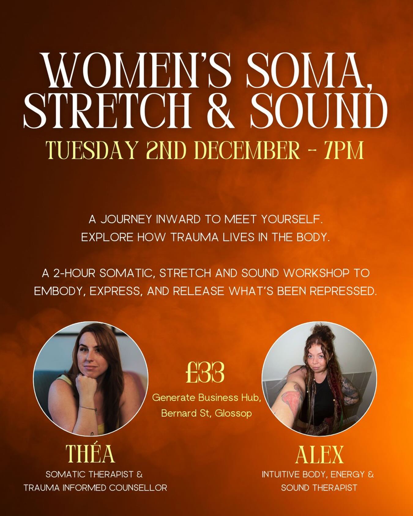 NEW DATE ✨
Soma, Stretch & Sound
This is gonna be bloody beautiful 😻 safe circle of women, time to just pause and allow your nervous system to be held. Healing in community is magical ✨