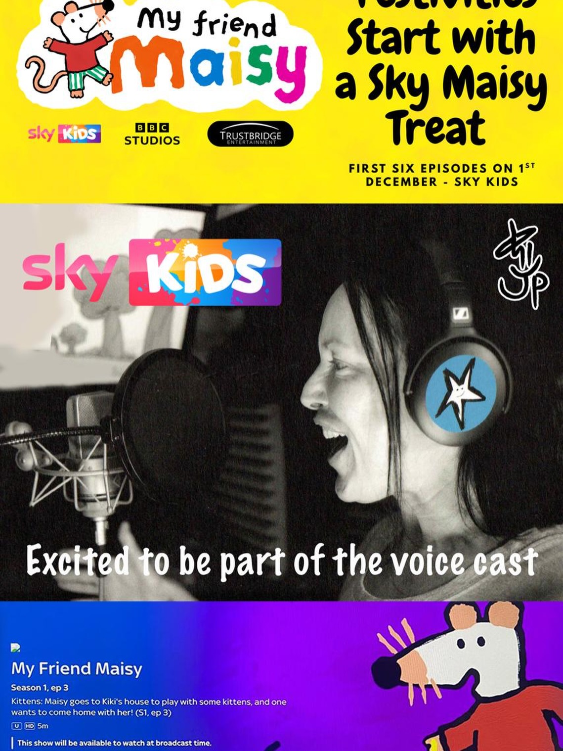 It’s out Now on Sky Kids!
A sneaky peek of My Friend Maisy. Six beautiful episodes for you to enjoy. I am SO excited to be playing Maisy’s ‘Little Black Cat’ i have had such a wonderful time recording for this character & I hope everyone will enjoy watching it too. A massive congratulations to the AMAZING creative team who have worked SUPER hard to produce this amazing series. More new episodes launching in 2026.
Always remember….
‘Follow Your Dreams’
JP2025 MEOW!🐾🐈⬛❤️x
#voiceoverartist #myfriendmaisy #bbcstudioskidsandfamily #skykids