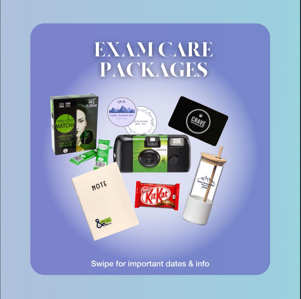We are excited to announce that our exam care packages are officially live💫
All proceeds will be donated to Kingston Interval House, a women and children’s shelter. Included in the package are the following: A Fujifilm QuickSnap Single Use Camera, a $5 Crave Coffee Shop gift card, one sachet of ceremonial grade matcha, a notebook, a full-size chocolate bar, a QWIL glass water bottle, and QWIL stickers.
Each exam care package is 15 dollars, and there is a limit of 3 bags per purchase. You can now purchase your package in the link in our bio!! We hope you love your package, and good luck on your exams!
