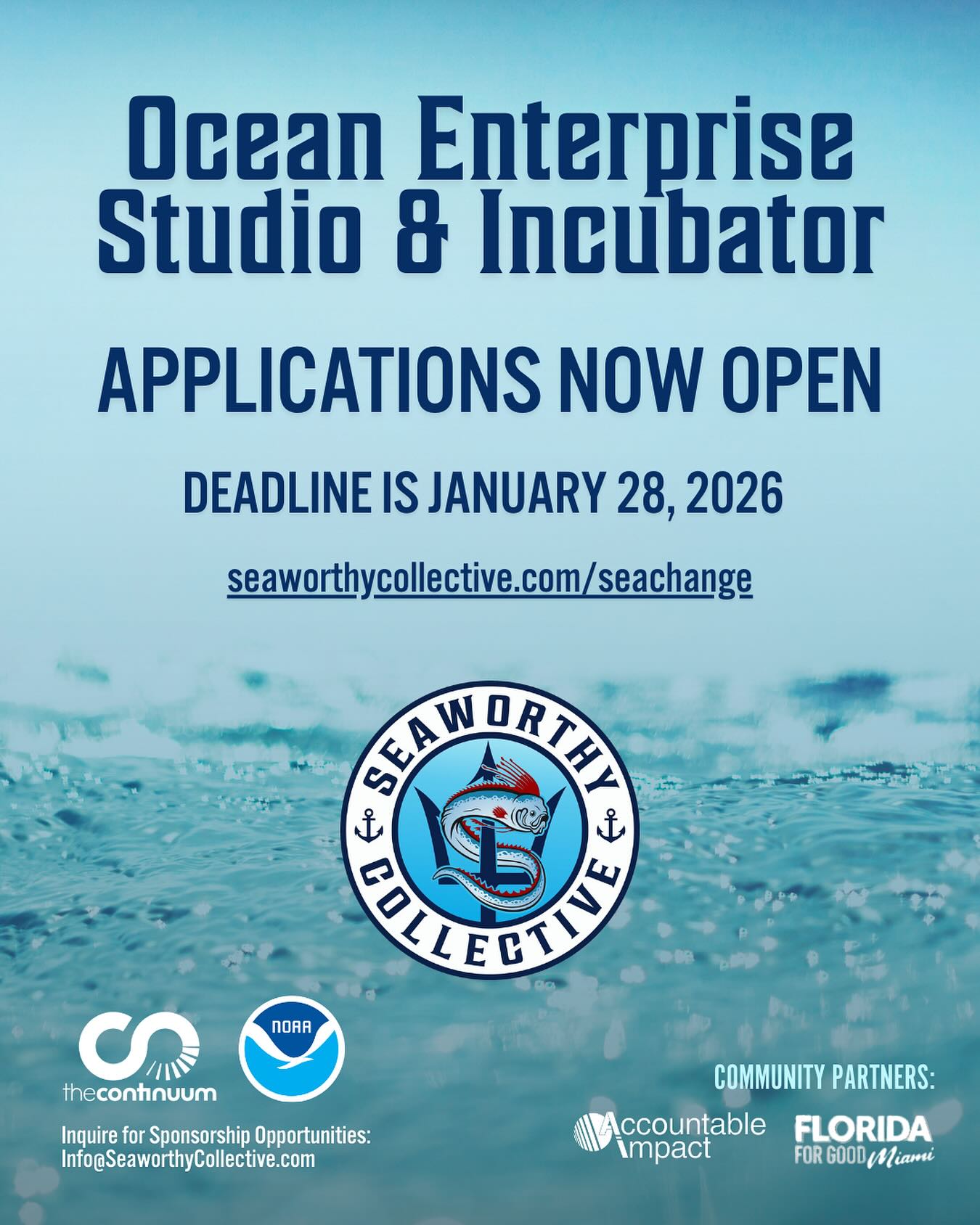 We are excited to share that applications are now open for our 2026 Ocean Enterprise Studio & Incubator! Click the link in the bio to apply!
The 2026 program will once again support US-based startups developing ocean data technologies and services, in alignment with the priorities of the NOAA Ocean Enterprise Initiative.
This is a result of our expanded role in $14 million NOAA partnership, The Continuum, a coordinated network of ocean enterprise accelerators that fast-tracks startups getting to market by making support for BlueTech solutions more scalable, efficient, and interconnected.
The Continuum partners include Braid Theory, Ocean Exchange, St. Pete Innovation District, Tampa Bay Wave, World Ocean Council, and The University of South Florida.
#seaworthycollective #ocean #blueeconomy #cohort7 #incubator #startups #oceandata #innovation