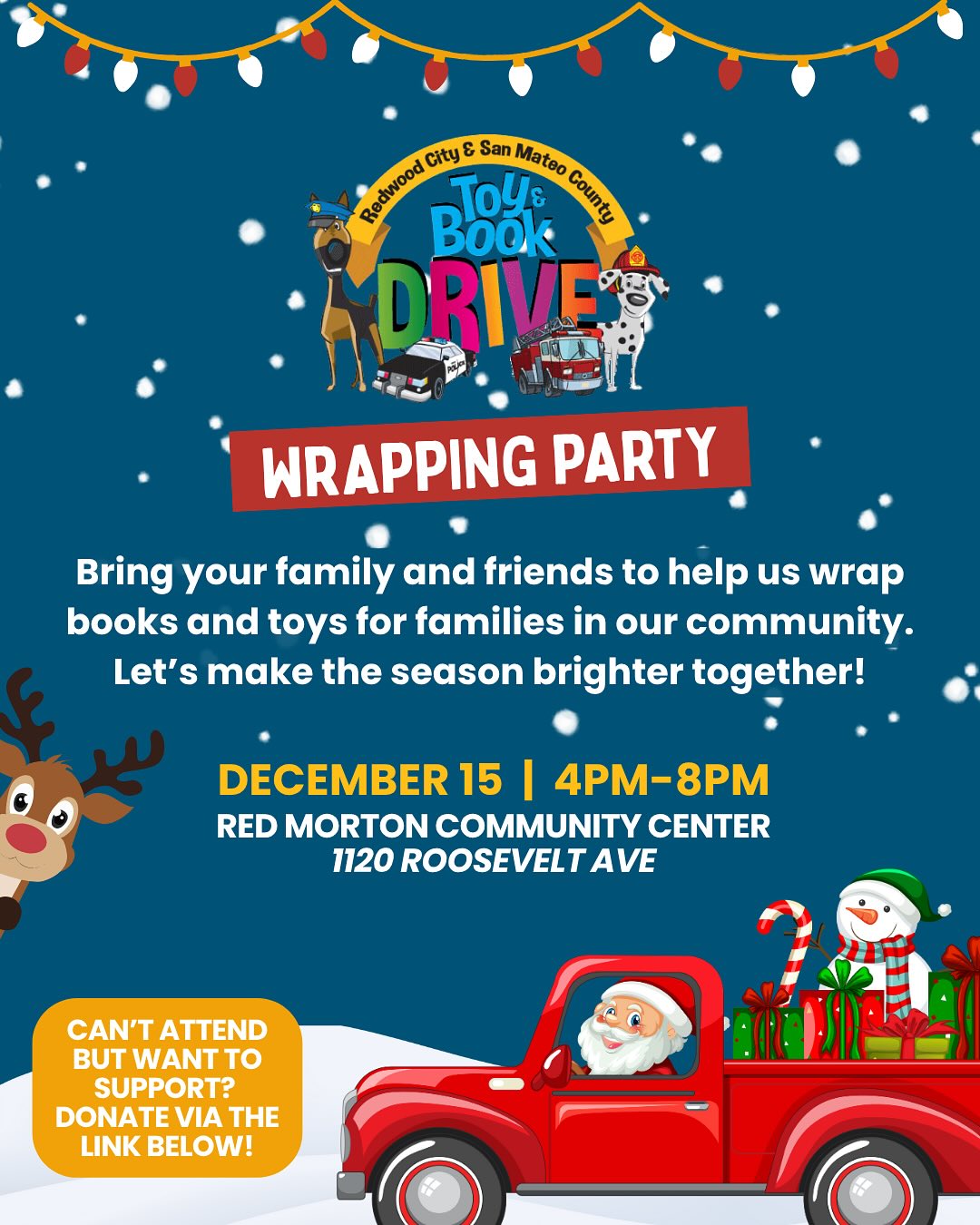 Join us in spreading joy this holiday season! 🎄✨🎁
We’re hosting our annual Toy & Book Drive Wrapping Party and we’d love your help wrapping gifts for families in our community. Bring your friends, family, and holiday cheer — let’s make the season brighter together! 💛
📅 December 15
⏰ 4 PM – 8 PM
📍 Red Morton Community Center — 1120 Roosevelt Ave
⸻
¡Únete a nosotros para compartir alegría esta tiempo de Navidad! 🎄✨🎁
Estamos organizando nuestra Fiesta de Envoltura del Toy & Book Drive y necesitamos tu ayuda para envolver regalos para familias de nuestra comunidad. Trae a tus amigos, familiares y tu espíritu festivo — ¡hagamos estas fiestas más brillantes juntos! 💛
📅 15 de diciembre
⏰ 4 PM – 8 PM
📍 Red Morton Community Center — 1120 Roosevelt Ave