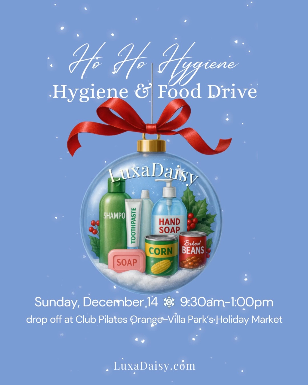 🎄✨ LuxaDaisy is popping up at @clubpilates_vp ’s CORE & MORE Holiday Market with a booth to collect donations for our Ho Ho Hygiene & Food Drive!
🗓️ Sunday, Dec 14
🕤 9:30 AM–1:00 PM
📍 Club Pilates Villa Park (Holiday Market)
Bring new, unopened hygiene essentials and/or non-perishable food and drop them off at the LuxaDaisy booth. Every item helps support community members in need through the Friendly Center in Orange. 🤍
Suggested donations:
🧴 shampoo, conditioner, deodorant, body wash
🪥 toothbrushes, toothpaste, floss
👶 baby wipes, feminine care
🥫 canned goods, pasta, rice, cereal
Come say hi, give back, and shop LOCAL vendors while you’re there!
@jj.fearless @beyoutiful_luxe @hooknhoneyy @ceciliasaccessories + more ✨
#LuxaDaisyCA #HoHoHygiene #FoodDrive #HygieneDrive #GiveBackOC #ClubPilatesVillaPark #ShopLocalOC #OrangeCA #VillaPark #CommunityCare