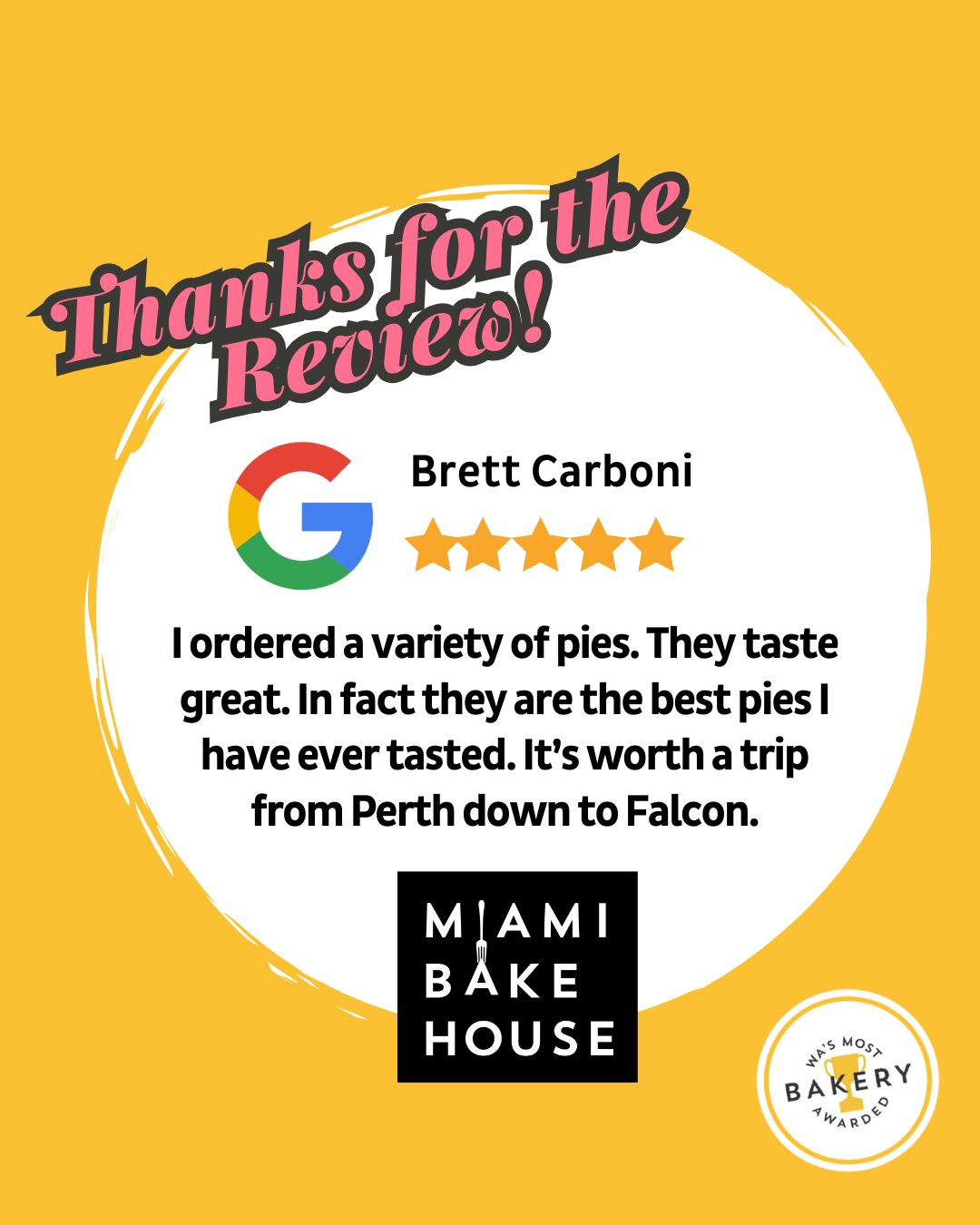 Thank you for your amazing review Brett! We appreciate your kind words and love to hear you enjoy all our pies.
You can share your thoughts too! Let our friendly team know how you found your experience with us through the link in our bio and enter our monthly draw to win a $100 Miami Bakehouse Gift Voucher.