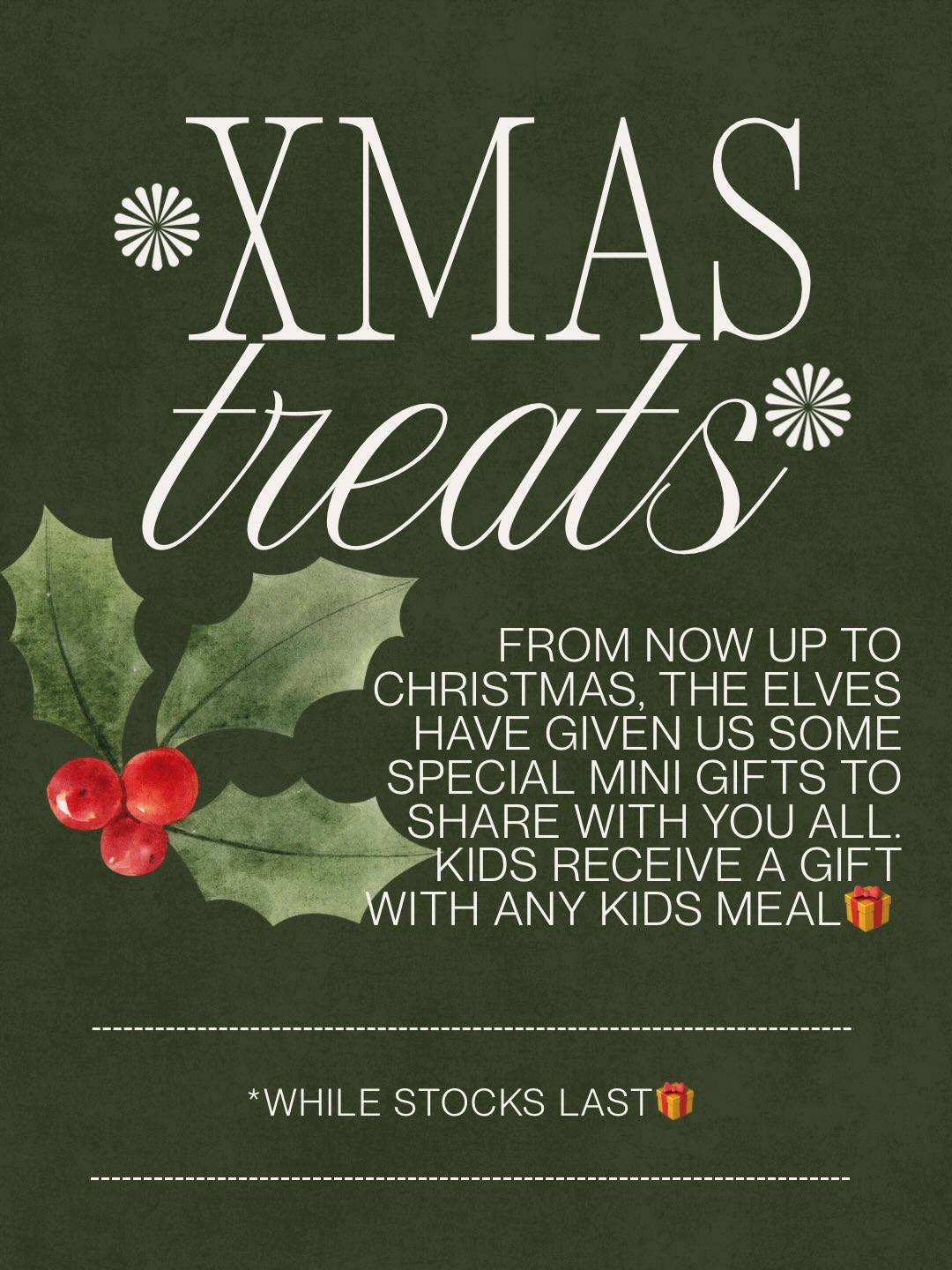 The elves have been busy… come and grab your mini christmas gifts with any kids meal! 🎄🎁 (while stocks last)
+ a Happy Monday to you all. Thank you to everyone who shared their weekend with us. We appreciate you all, and hope you had the loveliest time with us!