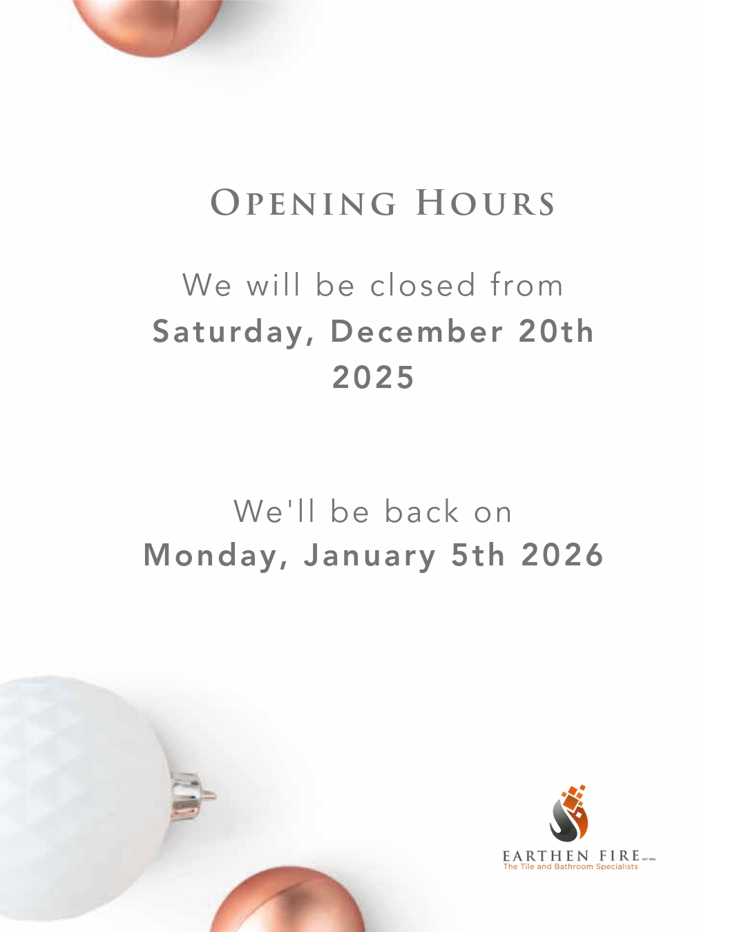 ✨ Festive Season Notice ✨
As the year draws to a close, please note that Earthen Fire will be closed for the Christmas break from Saturday, December 20th, and will reopen on Monday, January 5th.
There’s still plenty of time to visit us before the holidays — whether you’re completing a project or planning your 2026 renovations, our team is here to help until then.
Wishing you a beautiful and restful festive season ahead.
— The Earthen Fire Team
#EarthenFire #FestiveSeason #HolidayNotice #OpeningHours #LuxuryBathrooms #ZimbabweDesign