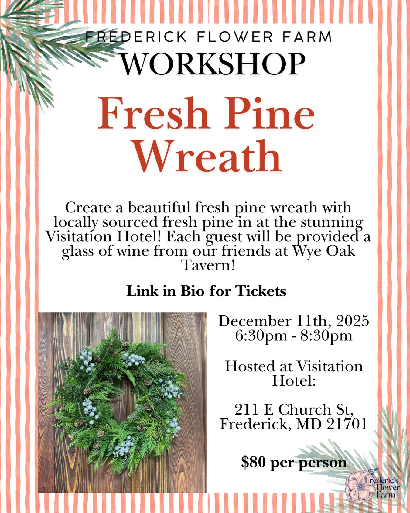 What’s more fun than making a fresh pine wreath with your besties? Making a fresh pine wreath with your besties, with a glass of wine from @wyeoaktavern and doing it all at the @visitationhotel!
That’s right folks! Our friends at Visitation Hotel and Wye Oak Tavern have teamed up this holiday season to sprinkle some fun in Frederick! Frederick Flower Farm will be hosting a fresh pine wreath workshop at Visitation Hotel on December 11th, 2025 starting at 6:30! Each guest will be offered a glass of red or white wine from Wye Oak Tavern!
Grab your besties, co-workers, spouse or just yourself and come enjoy the laughter, smell of fresh pine and a glass of fantastic wine, all while in the stunning hotel! There will be a simple demonstration for making the wreath but it is completely self-paced. There will be Frederick Flower Farm assistants to help guide you all the way through! Along with the locally sourced fresh pine there will be picks, bows and berries to add to your wreath as well! The process is simple, yet fun and rewarding!
Don’t wait to purchase your tickets, there’s only a limited amount available! Tickets are for purchase on our website www.frederickflowerfarm.com OR https://www.frederickflowerfarm.com/service-page/fresh-winter-wreath-workshop?referral=service_list_widget
If you have any questions feel free to reach out to us!
🎄Fresh Winter Wreath Workshop
🎟️$80 per person - Link to purchase is in BIO or at www.frederickflowerfarm.com
🗓️Thursday, December 11th, 2025
⏰6:30pm
🍷Glass of wine provided by Wye Oak Tavern
📍Visitation Hotel
211 E Church Street, Frederick, MD 21701