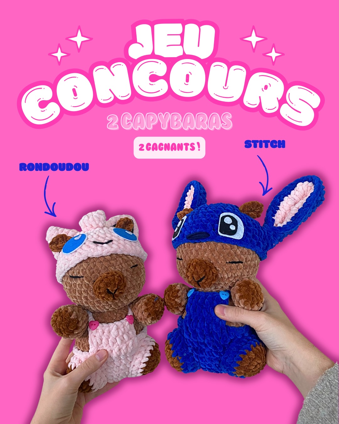 💕🦫JEU CONCOURS – 2 peluches Capybaras x Stitch x Rondoudou 💕
Je te fais gagner 2 Capybaras !
2 peluches = 2 gagnants !
✨ Pour participer :
1️⃣ Like ce post
2