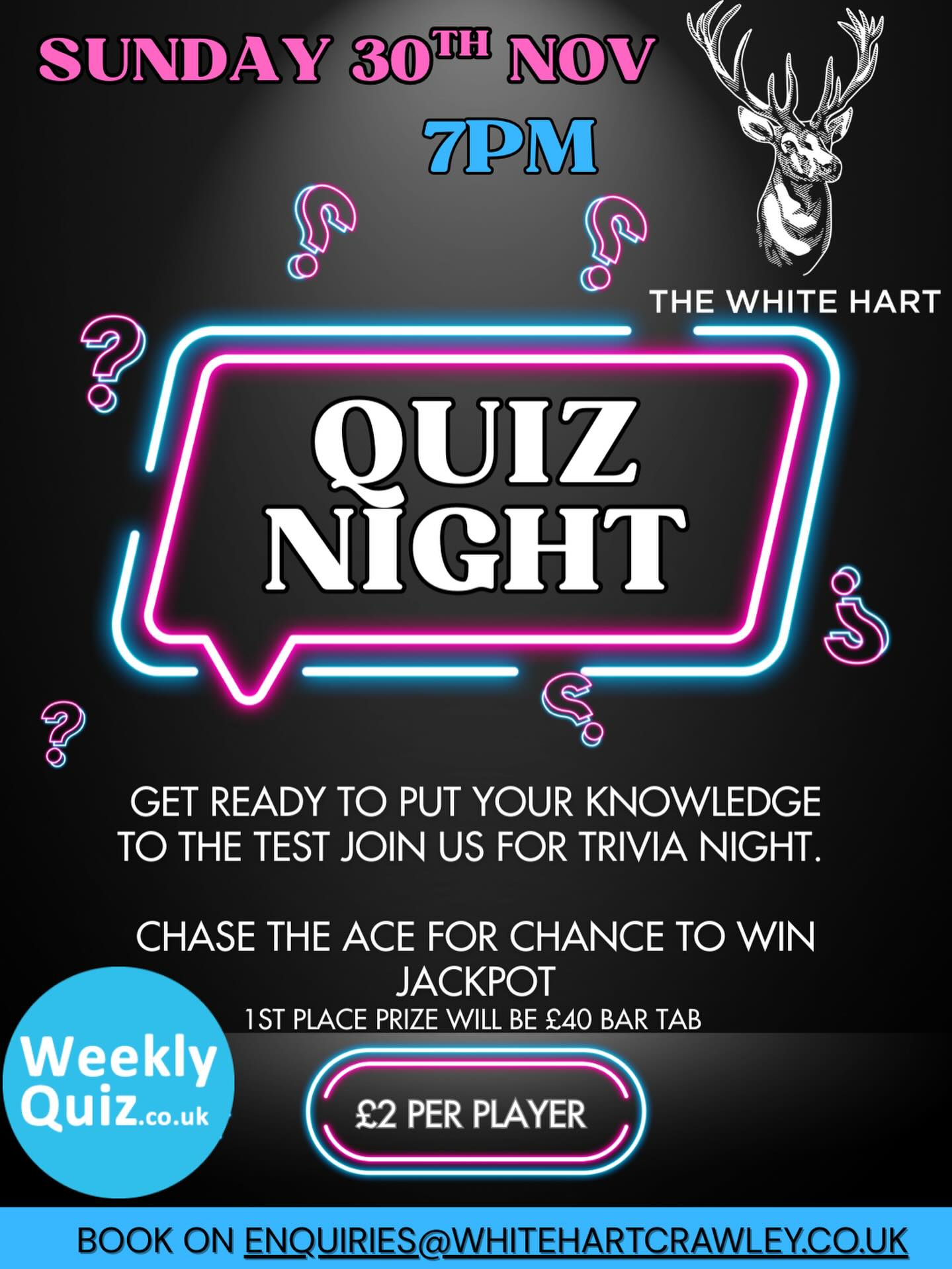 Brand new and launching on Sunday, 30th November! Hosted by @weekly_quiz it’s time to put your knowledge to the test—join us for Trivia Night!
Entry is £2 per player.
Book now at: enquiries@whitehartcrawley.co.uk #crawley #whitehart #thewhitehartcrawley #whitehartcrawley #crawleywestsussex #gatwick #gatwickcrew #publife #pubquiznight #weeklyquiz