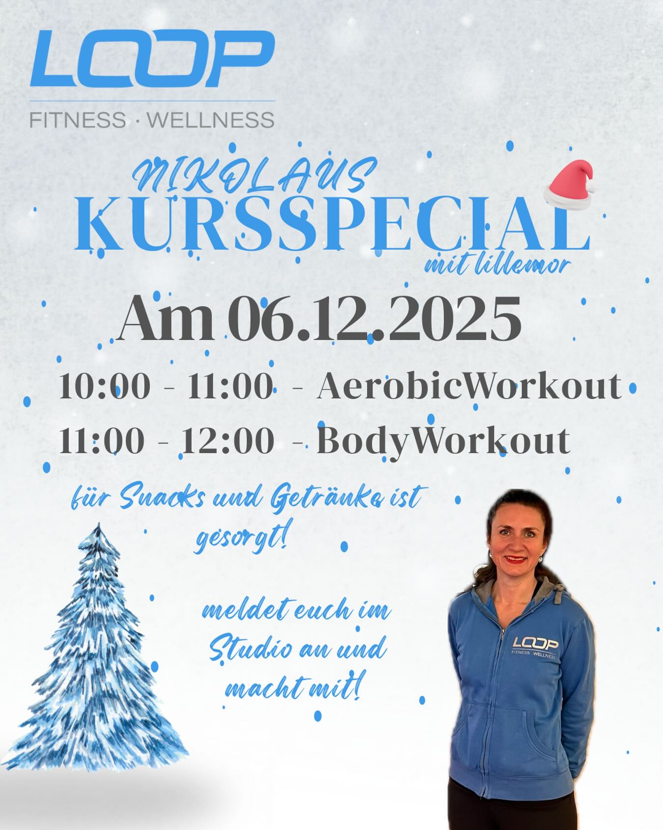🎅✨ Nikolaus-Kursspecial im LOOP Fitness! ✨🎅
Am 06.12.2025 erwartet euch ein ganz besonderer Trainingstag – voller Energie, Spaß und richtig viel weihnachtlicher Stimmung! ❄️💙
🕙 10:00 – 11:00 Uhr: AerobicWorkout – mit extra viel Christmas-Vibes, guter Laune und motivierender Musik! 🎄✨
🕚 11:00 – 12:00 Uhr: BodyWorkout – kräftigend, festlich und voller Nikolaus-Power, perfekt für den Start in die Adventszeit! 💪🎅
Für Snacks und Getränke ist natürlich gesorgt – gemütlich & lecker, passend zur Jahreszeit. ☕🍎
Meldet euch im Studio an und macht mit – wir freuen uns auf euch! 💫
#NikolausSpecial #LOOPFitness #WorkoutTime #WeihnachtsWorkout #GemeinsamStark FitnessMotivation Adventszeit