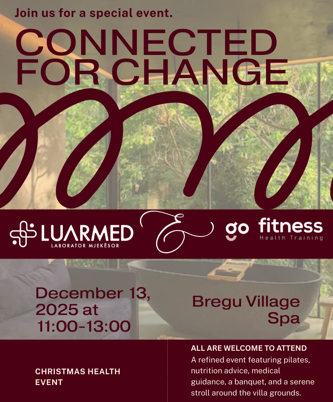 CHISTMAS HEALTH EVENT - 13 Dhjetor 2025
Sjell së bashku profesionistë të fushës së mjekësisë, ushqyerjes dhe fitnesit për t’ju dhënë këshilla praktike që mund t’ju ndryshojnë jetën.
Në një ambient relaksues në Bregu Village Spa, do të përjetoni:
▫️Mirëseardhje të ngrohtë
▫️Seancë pilatesi
▫️Këshilla ushqimore – 5 hapa që mund të transformojnë rutinën tuaj
▫️Udhëzime mbi shëndetin dhe mirëqenien personale
▫️Bisedë frymëzuese mbi sipërmarrjen
▫️Banket të shëndetshëm
▫️Dhurata speciale për pjesëmarrësit
Një ditë e krijuar për t’ju lidhur me energjinë, motivimin dhe ndryshimet pozitive – perfekt për të nisur festat me harmoni dhe kujdes ndaj vetes.
Për regjistrim, vizitoni:
www.luarmed.com
#christmashealth #healthevent #pilates #event #nutritionevent #fittnes #health #checkup #medical