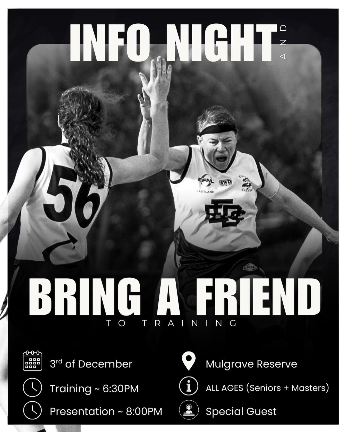 📣 Next Wednesday, 3rd of December; lock it in Eddie!
It’s Bring A Friend Day, so grab your friends, family, work colleagues, you name it. The more, the merrier! We’re ready to welcome a whole new wave of fresh faces to the track.
Stick around afterward for an information evening for all players - new and returning, Seniors and Masters. Meet the coaches and get the inside scoop on what to expect in 2026.
We’ve also arranged for one very special guest to join us 🎧💿🪩
Along with an entourage of fur babies, strutting their stuff in preparation for their calendar debuts 💅🏻
An event you definitely won’t want to miss!