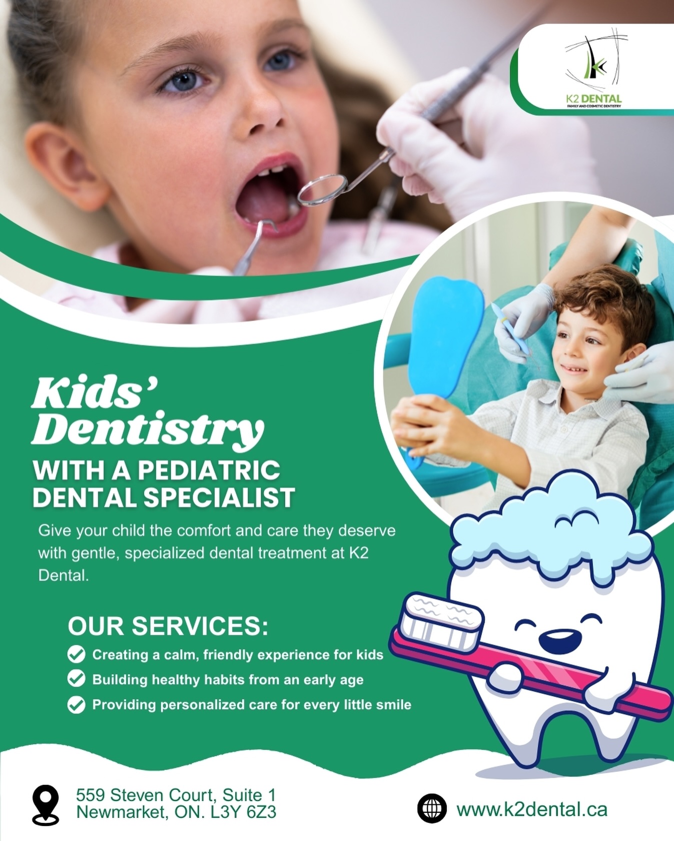 ✔️Kids’ Dentistry with a Pediatric Dental Specialist K2 Dental Newmarket dentistry 🦷
Looking for a gentle and caring dentist for your child?
At K2 Dental, our pediatric dental specialist is here to make every visit comfortable, fun, and stress-free.
✨ Calm, friendly experience for kids
✨ Building healthy habits from an early age
✨ Personalized care for every little smile
From first visits to regular check-ups, we’re here to help your child grow up with a healthy, confident smile.
📲 Book an appointment today!
905-710-5252
www.k2dental.ca
#K2Dental #KidsDentist #PediatricDentist #ChildrensDentalCare #TorontoDentist