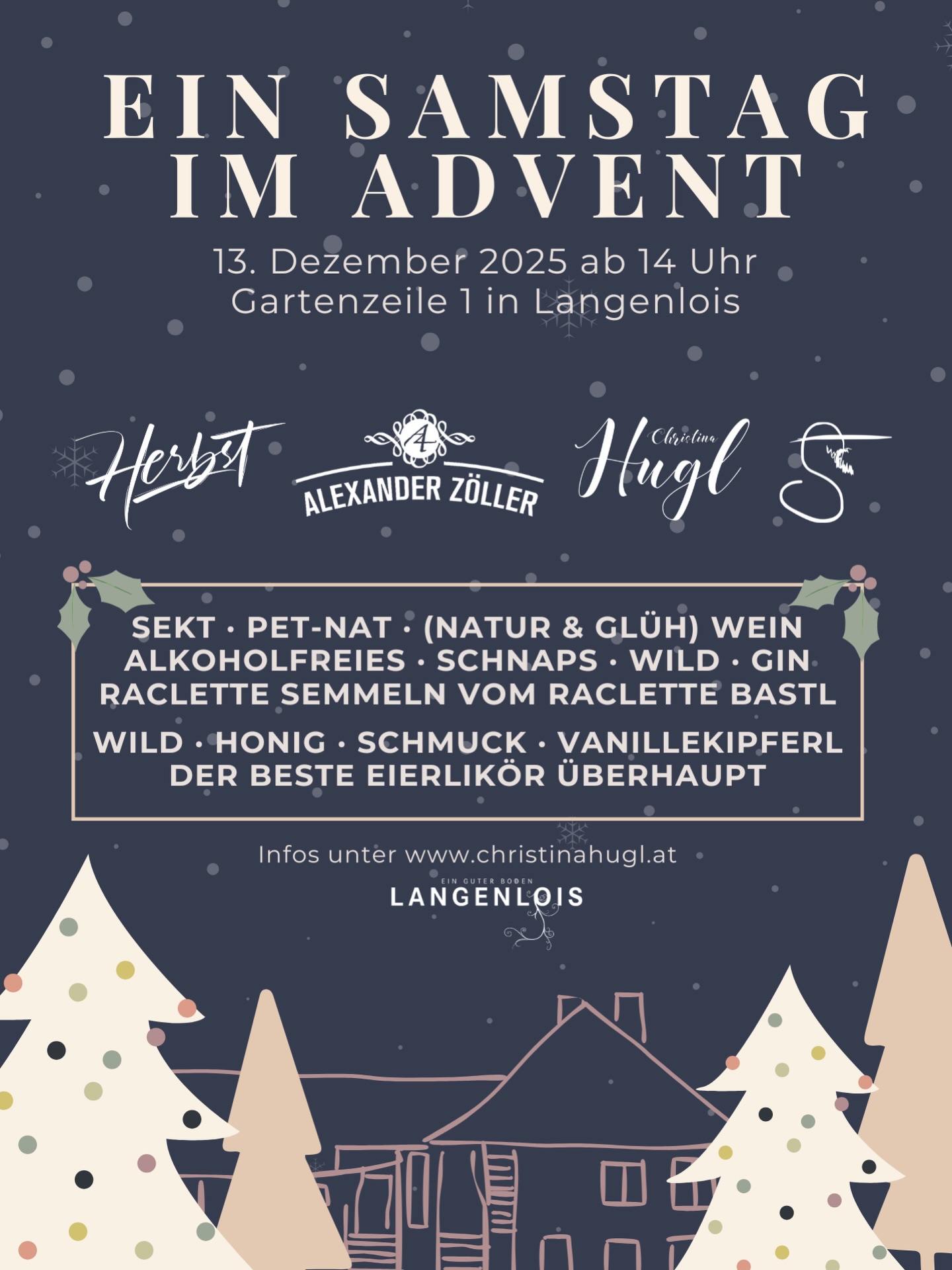 Ein Samstag im Advent 🎄💫 Am 13. Dezember ab 14 Uhr öffnen wir in der Gartenzeile 1 in Langenlois unsere Türen und laden euch ein, mit uns einen ruhigen, stimmungsvollen Adventnachmittag zu verbringen 🥰
Wir verwöhnen euch mit Sekt, Pet-Nat, Wein und Naturweinen, wärmen euch mit Glühwein, und schenken Schnaps und Gin für die extra Wärme ein. Natürlich sind auch die legendären Raclettesemmerln vom @raclettebastl wieder ein Fixpunkt - wir könnten doch keinen Weihnachtsmarkt ohne die machen? 🧀Außerdem haben wir wieder ein paar tolle Aussteller für euch eingeladen, die ihre handgemachten Produkte präsentieren - also perfekt für jene, die noch keine Weihnachtsgeschenke haben! 🎁
Lasst uns gemeinsam verweilen, anstoßen, plaudern und die vorweihnachtliche Zeit in ihrer schönsten Form genießen. 🎄✨
Keine Anmeldung notwendig - die Veranstaltung findet bei jedem Wetter statt, also warm anziehen!
#einsamstagimadvent #itschristmastime
