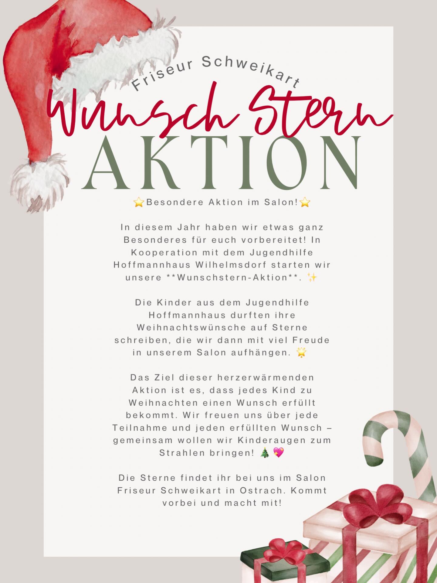 Dieses Jahr starten wir unsere ⭐️WUNSCH STERN AKTION⭐️ bei uns im Salon 💖
Kommt gerne vorbei und macht mit! 🌟