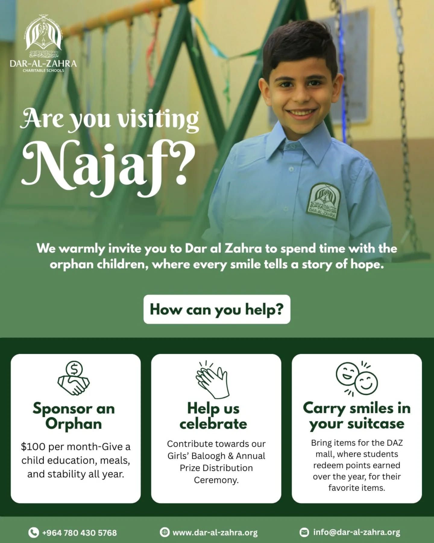 Make a difference in your Ziarat โจ
As you connect with the sacred presence of Ahlul-Bayt (a.s), let's follow their footsteps and embrace the opportunity to embody the spirit of compassion. Visit us at Dar al Zahra Charitable Schools in Najaf, nurturing around 1200 orphan students.
Give them hope, share your love, and make their day with a warm hug. Your visit is a light in their future.
โก๏ธ For more information, click the link in bio
