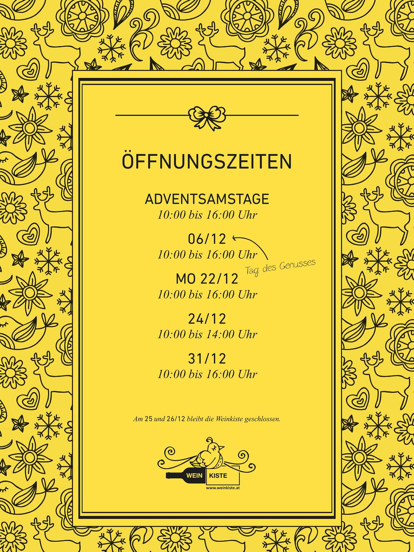 Ö𝗳𝗳𝗻𝘂𝗻𝗴𝘀𝘇𝗲𝗶𝘁𝗲𝗻 𝗶𝗺 𝗔𝗱𝘃𝗲𝗻𝘁 🌟🎄
An unseren verlängerten Adventsamstagen ❄️ lädt die Weinkiste wieder zum Genießen 🥰 ein.
Vielleicht findet ihr auch genau das Richtige ✨ um dem Christkind 👼🏼 zu helfen, oder für adventlichen Besuch 🎁 vorzusorgen.
•
•
•
#öffnungszeiten #advent #adventimglas #genießen #wirliebenwein #genussinklusive #regionaleinkaufen #thinkpositive #weinkiste #wine #weinkistestjohann @treffpunkt_stjohann @kitzalpen @austrianwine