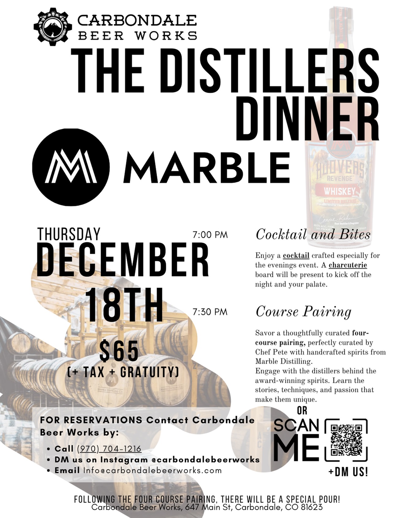 Come join us at Carbondale Beer Works for our Distillers Dinner with our friends at @marbledistillingco on the 18th!
Our dinner last month was sold out so make sure to DM us or stop by to make a reservation to lock in your seat!
#carbondaleco #carbondalebeerworks #coloradodistillery #marbledistilling #whiskeypairing