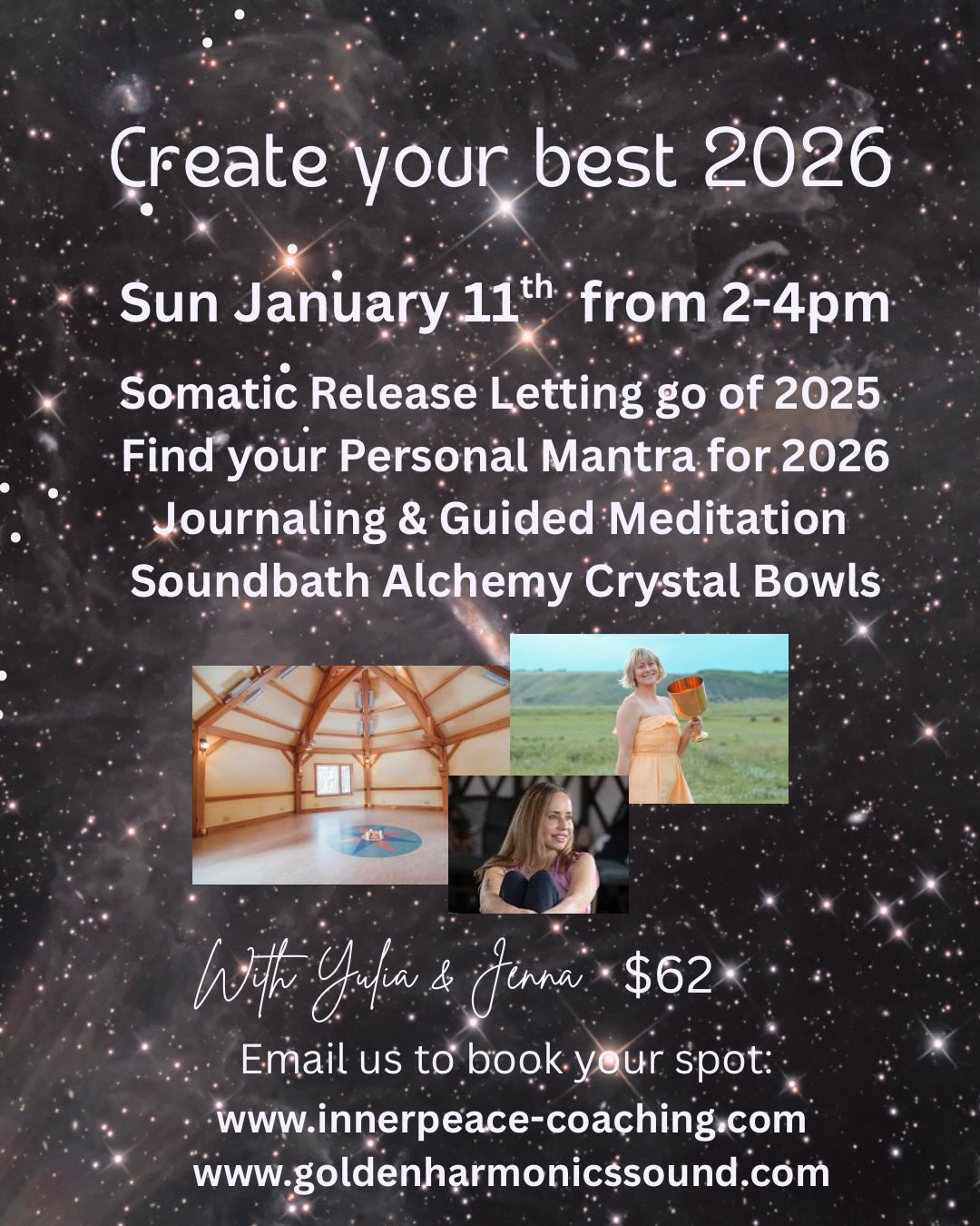Join us in beautiful Bragg Creek and set intention for an Abundant & Inspired new year 🔥
Let go of stress and old energies of 2025 through a Somatic Release. This sequence of eight postures guides you into a gentle Psoas Release shaking sensation as your body lets go of tension, stress and trauma stored in the body while regulating the nervous system. Yulia offers a ‘Letting Go’ meditation during this transformational practice, while Jenna plays her Alchemy Crystal bowls to deepen this truly healing experience.
We continue with a ‘Find your Personal Mantra for 2026’ guided journaling exercise and meditation
Bonus: Explore playful ways to incorporate your Mantra and visual anchors to stay on track and call in powerful thoughts, emotions and energies throughout the new year! Join Jenna @goldenharmonics and myself for another ✨inspired✨ collaboration at our fave cozy studio
@yogaspiritbraggcreek $62