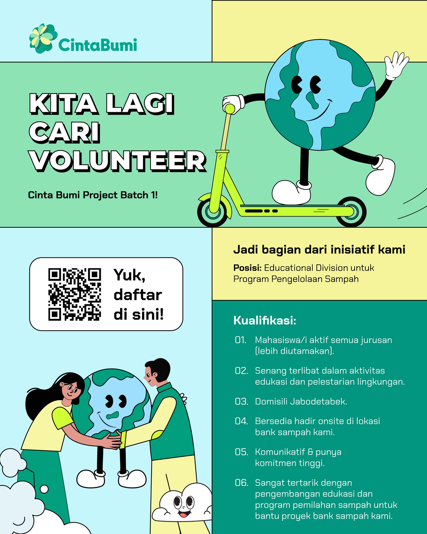 Itโs time to take real action buat jaga ekosistem kita ๐ฑโจ
Yuk gabung di Cinta Bumi Project Batch 1 ๐
Di sini, kamu bakal terlibat langsung dalam memberikan edukasi tentang Program Pengelolaan Sampah ๐ฎโป๏ธ
Swipe for more info & langsung daftar ya ๐๐ป
Mention 3 temen kamu juga biar makin seru ngelakuinnya bareng-bareng!
Absen di kolom komen yang udah daftar โฌ๏ธ๐