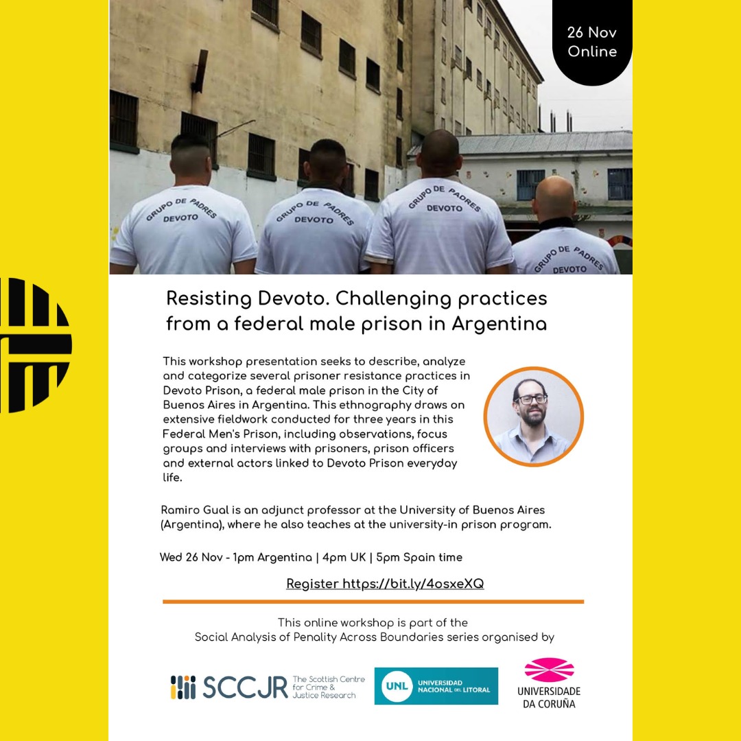 📢 Mañana, miércoles 26, nuestro compañero del Prison Transparency Project, Ramiro Gual, estará brindando una charla titulada:
👉 “Resisting Devoto. Challenging practices from a federal male prison in Argentina”
Este taller presentará diferentes prácticas de resistencia de personas privadas de su libertad en la Unidad Federal Devoto, basadas en tres años de trabajo etnográfico con entrevistas, observaciones y grupos focales dentro de la prisión.
🕒 Horarios: 1 pm Argentina - 4 pm UK - 5 pm España
Les dejamos el registro en la bio. Nos vemos ahí!
___________________________
📢 Tomorrow, Wednesday 26, our colleague from the Prison Transparency Project, Ramiro Gual, will be giving a talk titled:
👉 “Resisting Devoto. Challenging practices from a federal male prison in Argentina”
The workshop will explore different prisoner resistance practices inside Devoto Federal Prison, based on three years of ethnographic fieldwork including interviews, observations, and focus groups.
🕒 Time:
🇦🇷 1 pm Argentina
🇬🇧 4 pm UK
🇪🇸 5 pm Spain
🔗 Registration link is in our bio!
We warmly invite you to join and share!
_________________________
📢 Demain, mercredi 26, notre collègue du Prison Transparency Project, Ramiro Gual, donnera une conférence intitulée :
👉 « Resisting Devoto. Challenging practices from a federal male prison in Argentina »
Cet atelier présentera différentes pratiques de résistance des personnes incarcérées dans la prison fédérale de Devoto, à partir de trois années de terrain ethnographique comprenant entretiens, observations et groupes de discussion.
🕒 Horaires :
🇦🇷 13h Argentine
🇬🇧 16h Royaume-Uni
🇪🇸 17h Espagne
🔗 Le lien d’inscription est dans notre bio !
Nous vous invitons chaleureusement à participer et à partager !
