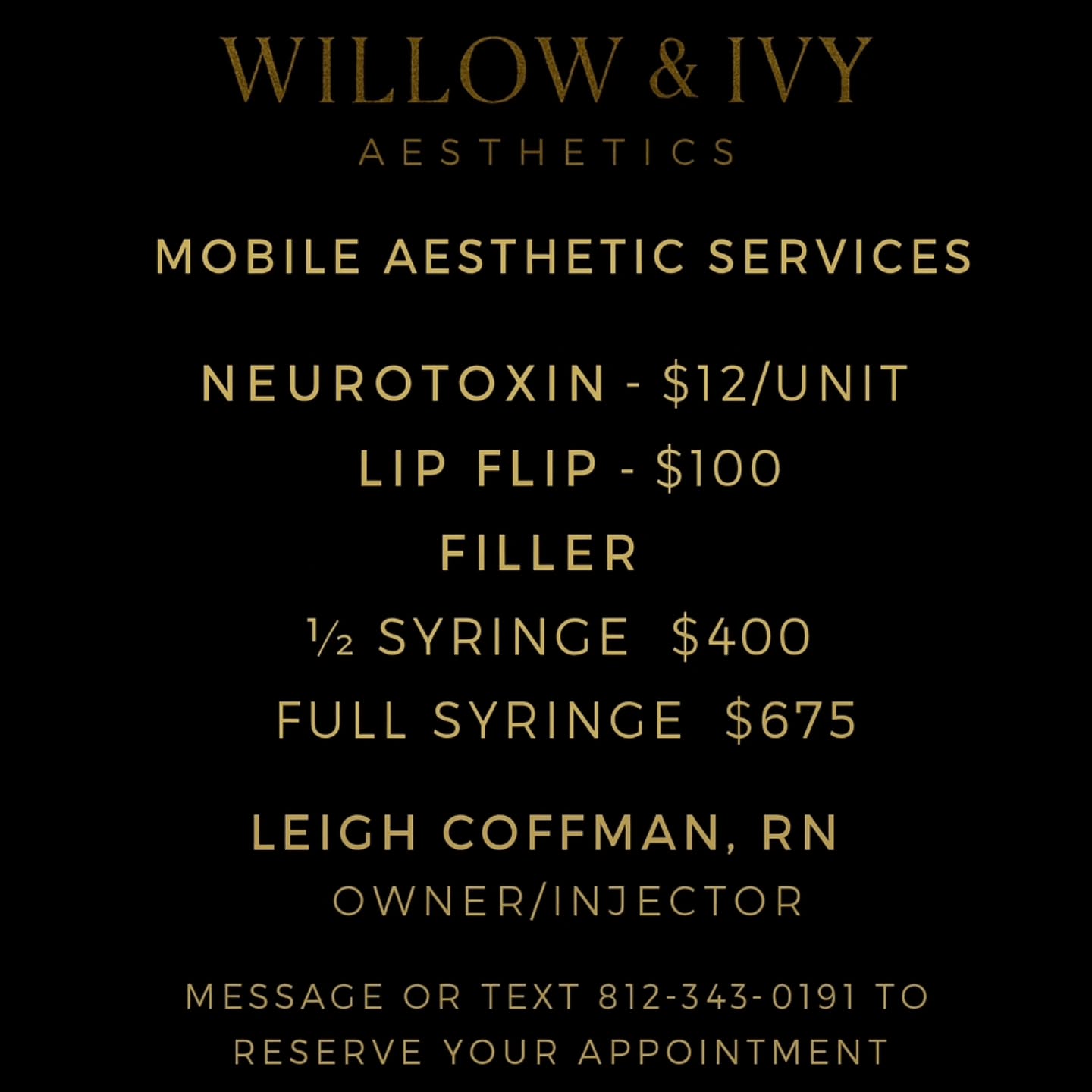 Hello! My name is Leigh and I am the RN behind Willow & Ivy Aesthetics, LLC. With over 20 years experience in nursing, I am so excited to now provide mobile aesthetic services! I offer upper face neurotoxin (forehead, 11's, crow's feet) treatment, lip flips, and lip filler 💋❤️
I offer individual appointments and also parties/pop-ups in your home or business (salons, boutiques, offices to just name a few).
✨️Hostesses that have at least 5 guests receiving tox or filler will receive 20 units FREE tox!!