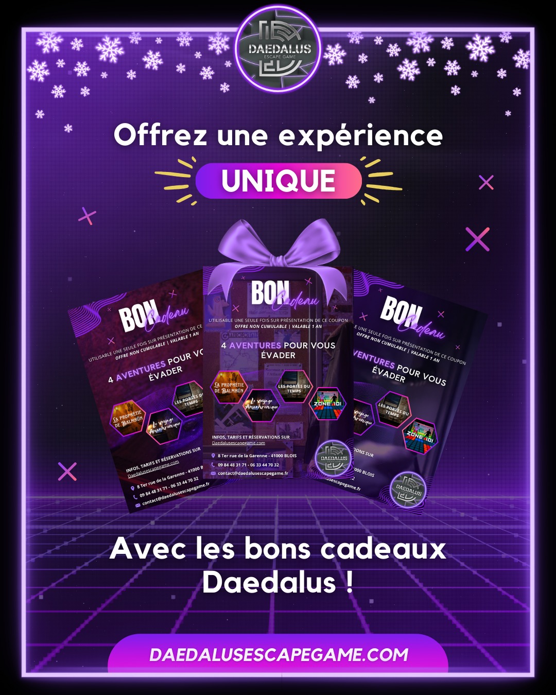 🔐✨ 𝗣𝗼𝘂𝗿 𝗡𝗼𝗲̈𝗹, 𝗼𝗳𝗳𝗿𝗲𝘇 𝘂𝗻 𝗰𝗮𝗱𝗲𝗮𝘂 𝗾𝘂𝗶 𝗳𝗮𝗶𝘁 𝗿𝗲́𝗳𝗹𝗲́𝗰𝗵𝗶𝗿… 𝗲𝘁 𝘀𝗼𝘂𝗿𝗶𝗿𝗲 ⵑ ✨🔐
Cette année, misez sur l’originalité avec les bons cadeaux Daedalus, parfaits pour vivre un moment ludique, dynamique et rempli de complicité.
🎁 𝙋𝙤𝙪𝙧𝙦𝙪𝙤𝙞 𝙤𝙛𝙛𝙧𝙞𝙧 𝙪𝙣 𝙗𝙤𝙣 𝙘𝙖𝙙𝙚𝙖𝙪 𝘿𝙖𝙚𝙙𝙖𝙡𝙪𝙨 .ᐣ
▹ Une aventure amusante, accessible à tous
▹ Un moment de cohésion à vivre en famille, entre amis...
▹ Libre choix du scénario
Un cadeau unique qui crée des souvenirs chaleureux et authentiques ! 💜
__________________
🌐 https://bit.ly/daedalusescapegame
📱 0633447032
☎️ 0984483171
#escape #escapegame #escaperoom #parcours #loisirs #jeu #jeux #blois #loiretcher #famille #amis #ami #barajeux #loire #jeudesociete #valdeloire #chateaudelaloire #loireavelo #bloismaville #valducher #sologne #vendome #sortiren41 #bloischambord #bloiscity #maisondelamagie #visiteblois #bloistourisme #cadeaux