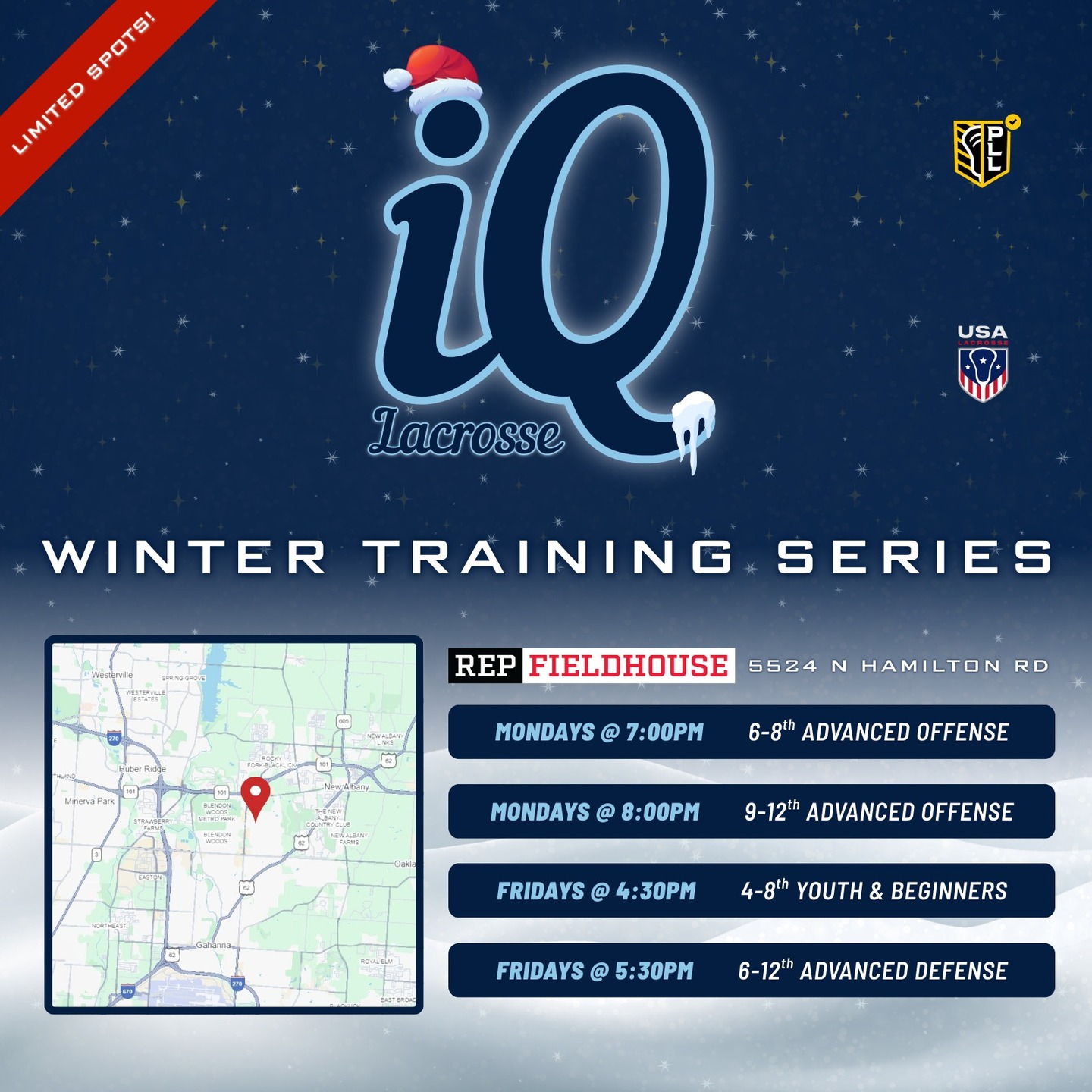 ❄️ Winter Training registration is NOW OPEN for grades 4-12! 🔥 Join us weekly for elite, small-group skills training!
📍 REP Fieldhouse 5524 N Hamilton Rd
✨ Limited spots - register at link in bio!
(REPOSTED with correction to Friday group times)
#LacrosseTraining #iqlacrosse #boyslacrosse #girlslacrosse