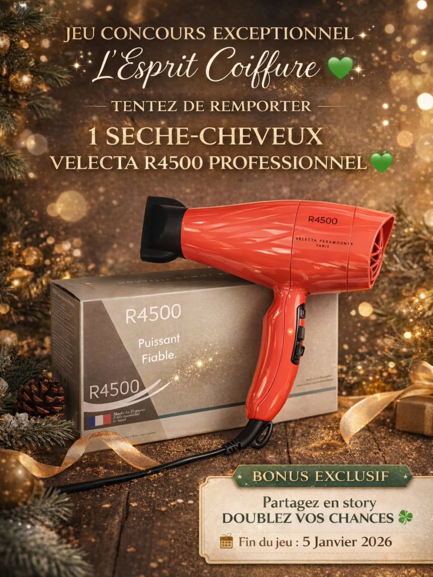 💚✨ JEU CONCOURS EXCEPTIONNEL – L’ESPRIT COIFFURE ✨💚
À l’occasion des fêtes, L’Esprit Coiffure vous gâte 🎄✨
🎁 À GAGNER
1 sèche-cheveux Velecta R4500 professionnel, couleur corail ❤️
Puissant, léger et plébiscité par les coiffeurs professionnels 💨
👇 POUR PARTICIPER
✨ Aimez ce post ❤️
✨ Abonnez-vous à @lespritcoiffure
✨ Identifiez 3 ami(e)s en commentaire
🔁 BONUS
Partagez ce post en story en nous identifiant et doublez vos chances 🍀
📅 Fin du jeu : 05 janvier 2026
⚠️ INFORMATION IMPORTANTE – PRÉVENTION ARNAQUES
❌ Aucun compte ne vous contactera en message privé
❌ Aucun lien ne vous sera envoyé
❌ Aucune demande de clic ou d’information personnelle
👉 Le gagnant sera annoncé uniquement sur notre compte officiel
@lespritcoiffure
⚠️ Concours non sponsorisé ni géré par Instagram / Facebook.
🍀 Bonne chance à tous !