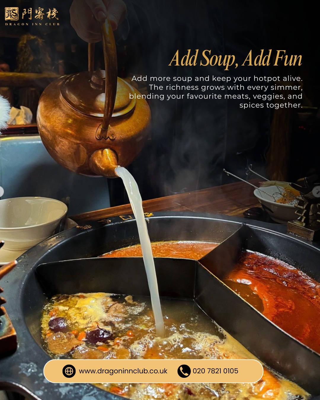The best part of hotpot? It never has to end. Add more soup, toss in more ingredients, and keep the fun going. At Dragon Inn Club, every refill is an invitation to explore deeper flavours and warmer conversations. Let your evening bubble on with every ladle of broth.
#Dragoninclub #Sichuan #Sichuanhotpot #dimsum #london #pimilco #londonvictoria #buckinghampalace #chelsea #theatres