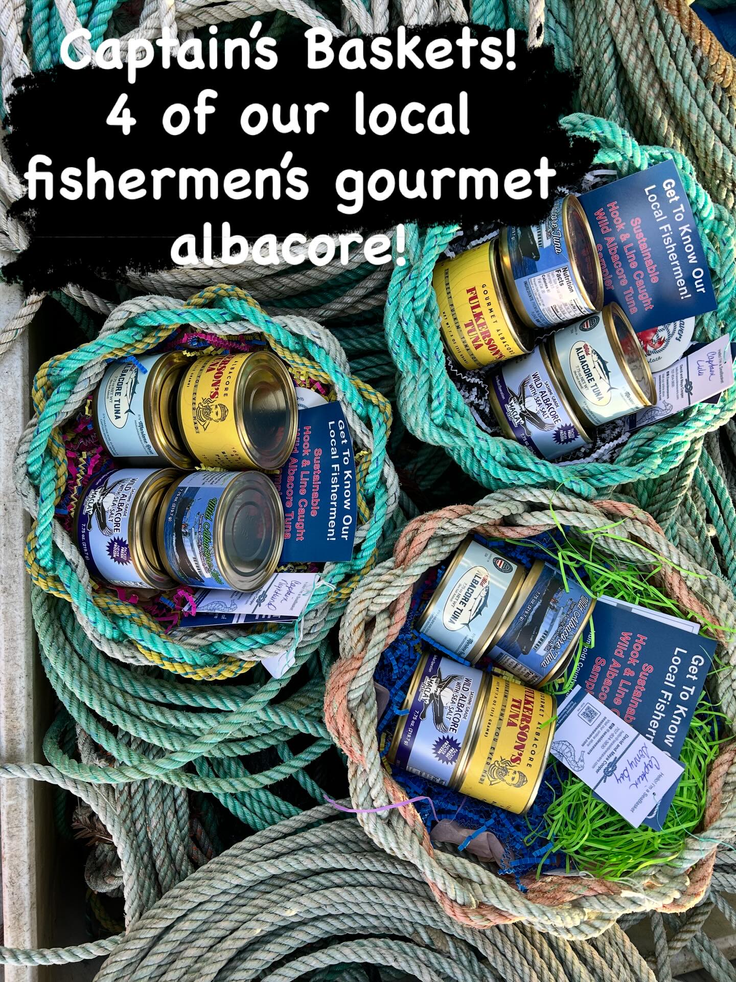 4 cans of sustainability caught gourmet albacore all nestled in a Seaside Weavers Basket handwoven out of reclaimed crab line.
This fish was caught by four of our local Humboldt boats.
The perfect holiday gift. Local delivery available or we can ship. $100. DM or text / call us for more info.