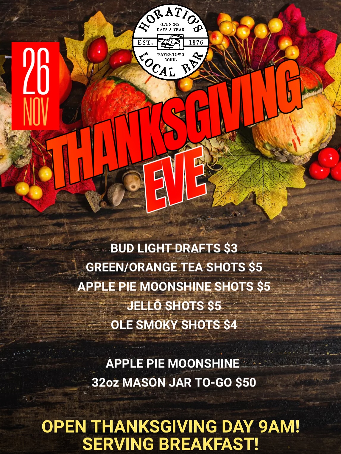 Happy Thanksgiving Eve! If you’re drinking tonight be responsible and have a designated driver or use ride-share services.
Anyone that uses Uber/Lyft to or from Horatio’s tonight send us a screenshot of your ride details and we’ll give you a $20 gift card available on Friday! (1 gift card per ride)
We’ll be open 9am Thanksgiving morning serving breakfast sandwiches by guest chef Allie!
Have a safe and happy holiday! 🦃