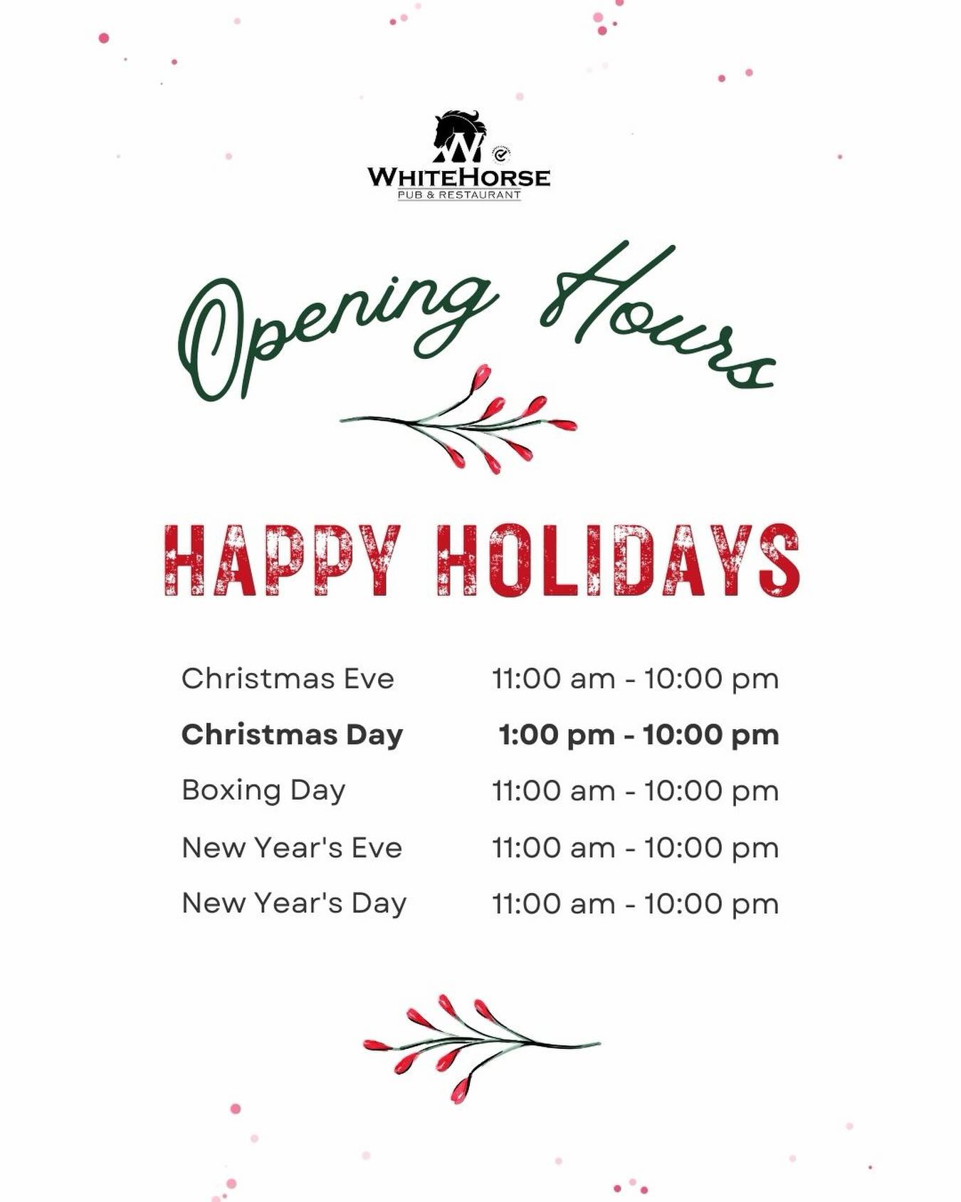 Holiday Hours at The White Horse Pub
🎄Whether you’re popping in for a meal, a catch-up, or some festive cheer, here are our opening hours over the holidays ✨