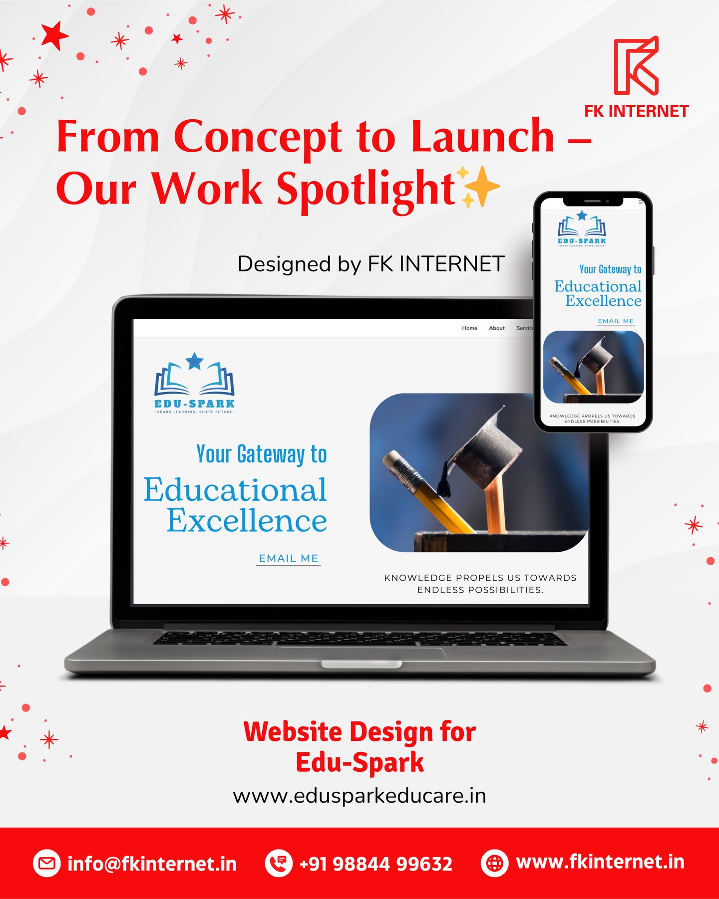 Portfolio Spotlight ✨
Showcasing the website we designed for Edu-Spark 🎓—an educational institute committed to inspiring learning and academic growth.
We crafted a clean, structured, and student-friendly website that reflects their mission, highlights key programs, and builds trust with parents and learners 👨🏫📘.
The design focuses on clarity, easy navigation, and a professional online presence that supports their educational goals.
🎓 Industry: Education & E-Learning
💻 Service Provided: Website Design & Development
🔗 Live Website: www.edusparkeducare.in
🎯 Goal: Create a credible digital presence that communicates quality education and helps the institution connect better with students and parents.
Looking to build or upgrade your educational website?
👉 DM us or visit www.fkinternet.in to get started!
💻 Designed & developed by FK Internet
📞 +91 98844 99632
📧 info@fkinternet.in
🌐 fkinternet.in
#fkinternet #websitedesign #educationwebsite #schoolwebsite #elearningwebsite #webdesignindia #webdesigner #businesswebsite #digitalpresence #websiteportfolio #websolutions #responsivewebsite #webdesignagency