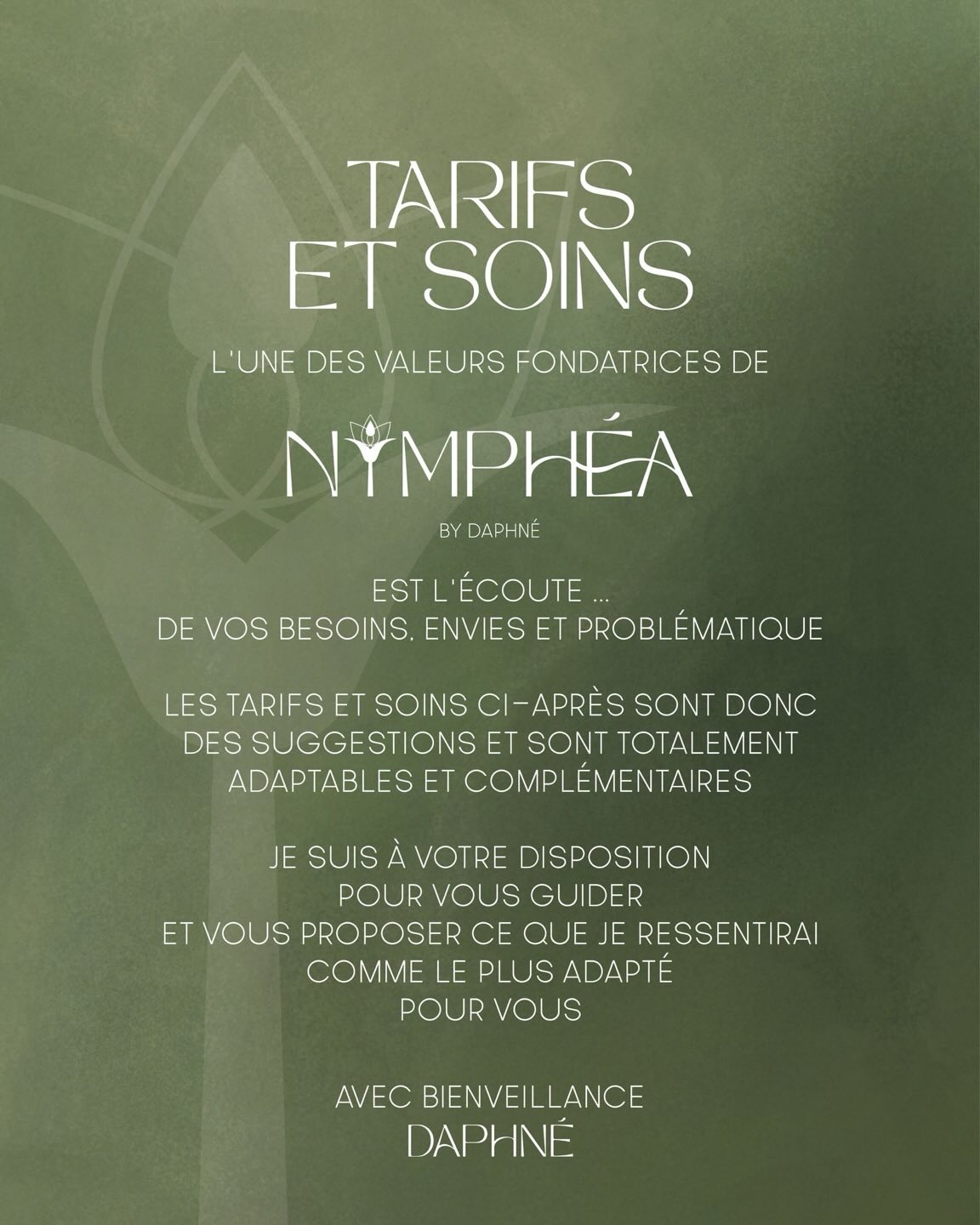 Même si j’adapte mes soins, séances et tarifs à vos besoins, voici un petit aperçu de quelques possibilités.
——
N’hésite pas à m’écrire en cas de questions, j’aurai plaisir à t’accompagner. ☁️
Avec bienveillance,
Daphné