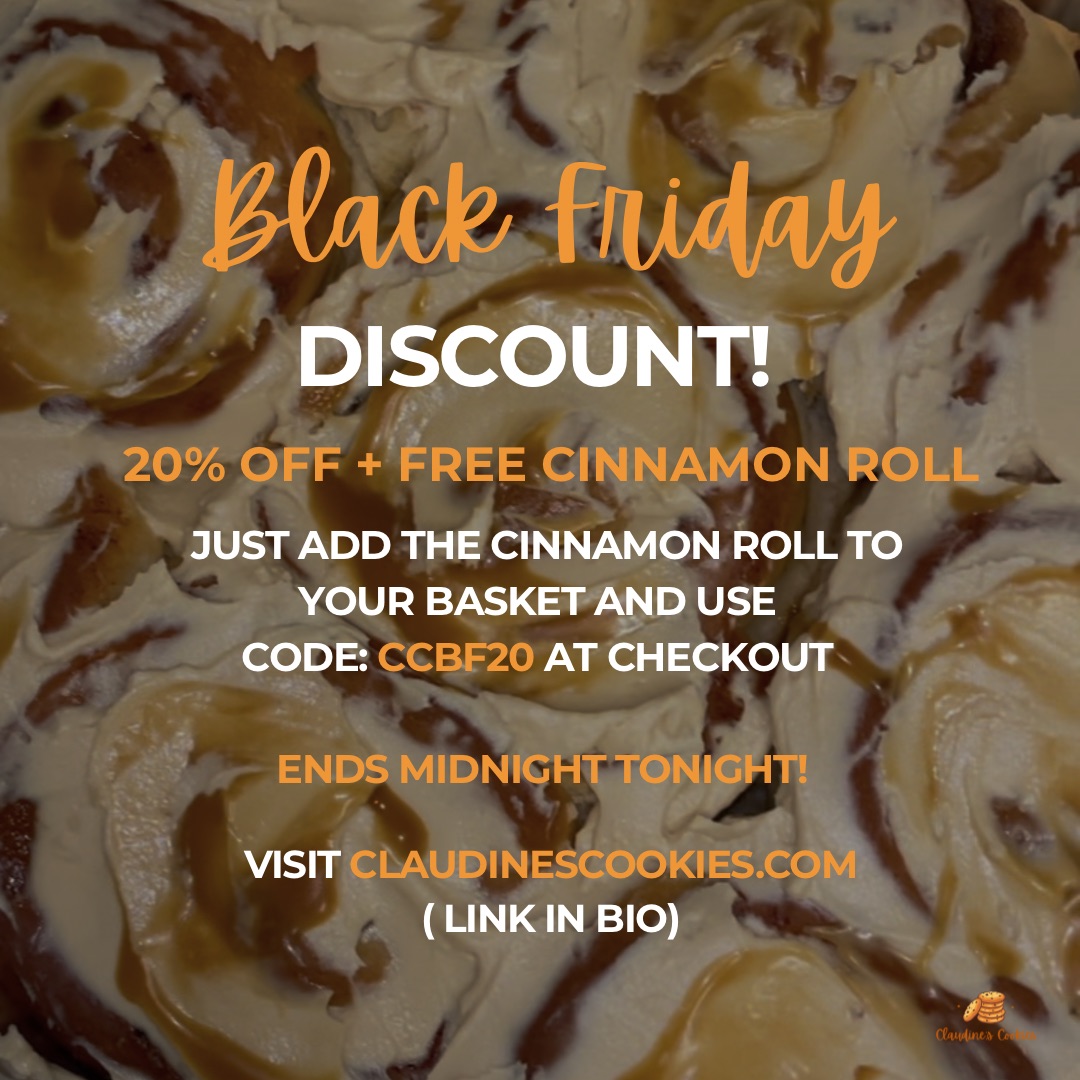 Happy Black Friday!
We’re offering 20% off all orders as well as a free cinnamon roll to every order placed !
You just have to add the free cinnamon roll to your basket and use the code CCBF20 at checkout
Offer ends at midnight!