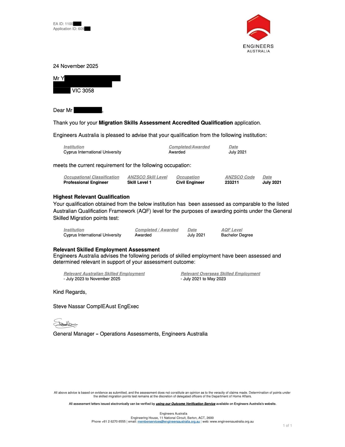 Positive skills assessment granted – Civil Engineer
I don’t always take on skills assessment work, but I made an exception here.
This applicant has been working in Australia as a Civil Engineer from July 2023 to November 2025 – first 6 months under ABN as a contractor, then moving into part-time employment with the same employer. At the time, the applicant held a student visa.
We carefully prepared flawless documentation and multiple submissions to have the ABN contracting period recognized as skilled work.
Result: positive skills assessment!
We have already secured a Skills in Demand (SID) visa for this client. With this new positive skills assessment, the next step is a Subclass 186 Direct Entry – Permanent Residence application.
As an agent, my focus is Permanent Visa, right now, family ties or work sponsorhips is the only reliable way to get a PR.
I am the right person to discuss, contact me, let’s explore your options together.
📍 Visa Australia – Consult & Migrate
👤 Ilgin Azazi – Registered Migration Agent (MARN 2318123)
📞 0416 049 021
📧 info@visa-australia.com.au