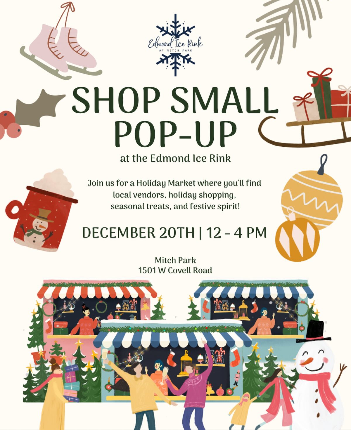 There’s nothing sweeter than supporting local during the holidays. Shop small, sip something warm, and soak in all the holiday magic!
Come browse amazing small businesses, enjoy seasonal treats, and celebrate the season — at the Edmond Ice Rink!
🎄December 20th | 12–4 PM
📍Edmond Ice Rink at Mitch Park